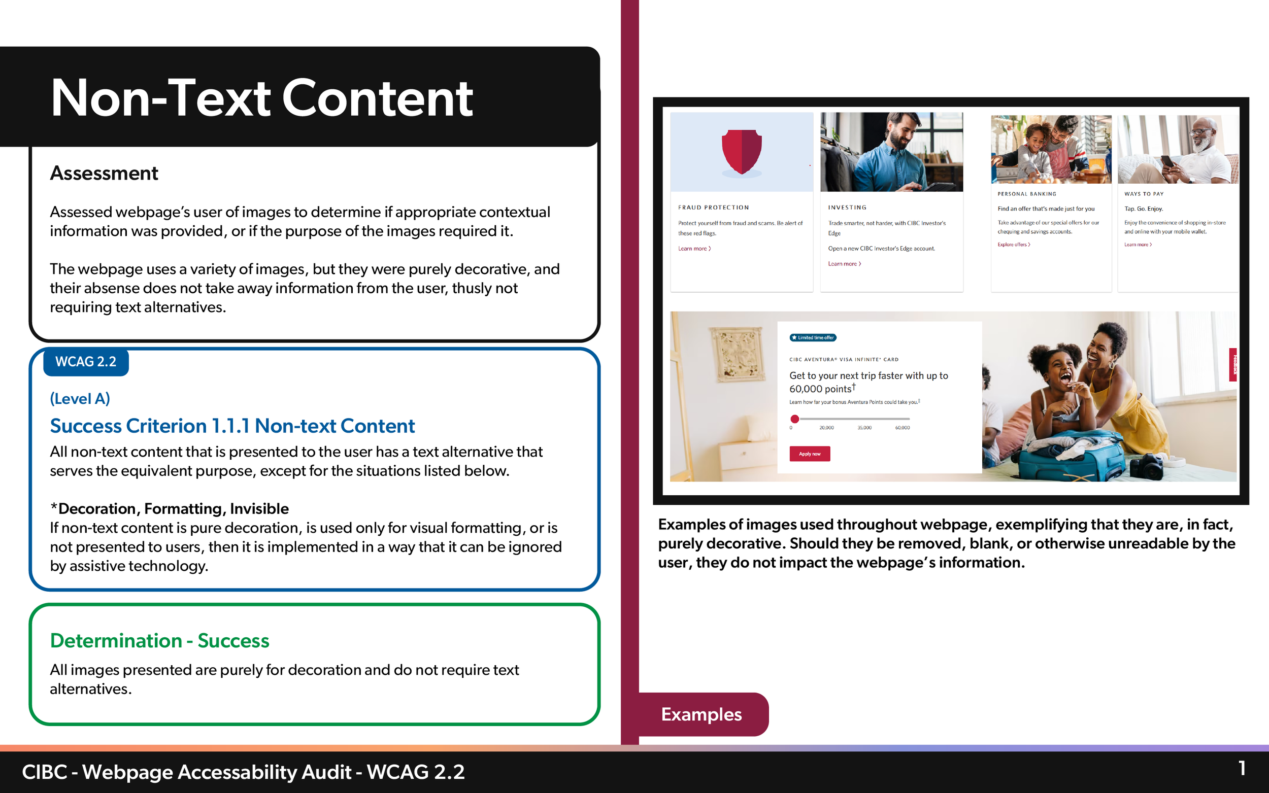 A webpage with sections discussing non-text content, assessment, success criteria, decoration, formatting, invisible content, and determination of success, with examples of images used throughout the webpage.