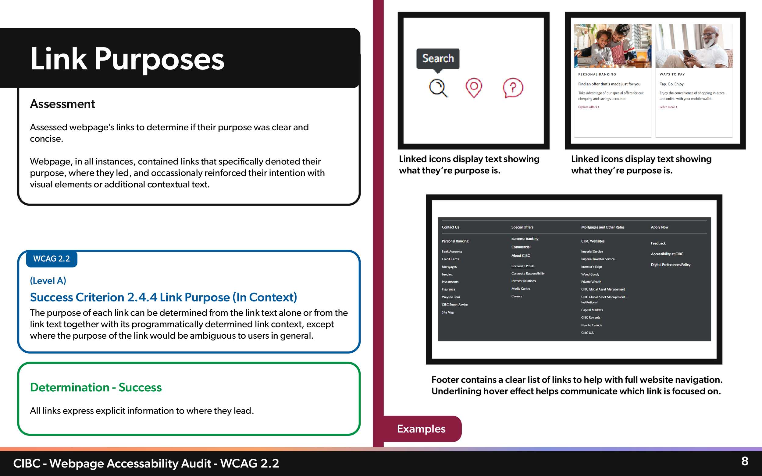 Page from a document titled 'Link Purposes' with sections explaining assessment, success criteria for links, and examples of linked icons and footer links. It includes text about determining link purposes, WCAG 2.2, and webpage accessibility audit.