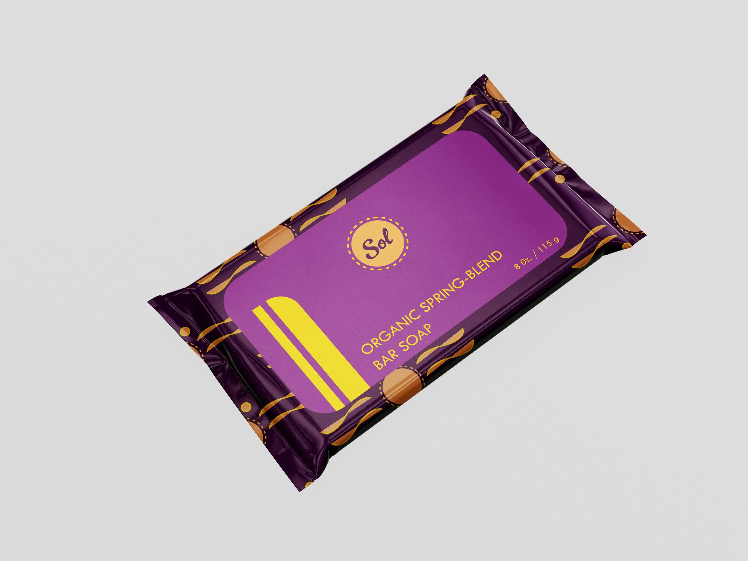 Packaging of an organic spring-blend bar soap with purple and orange design