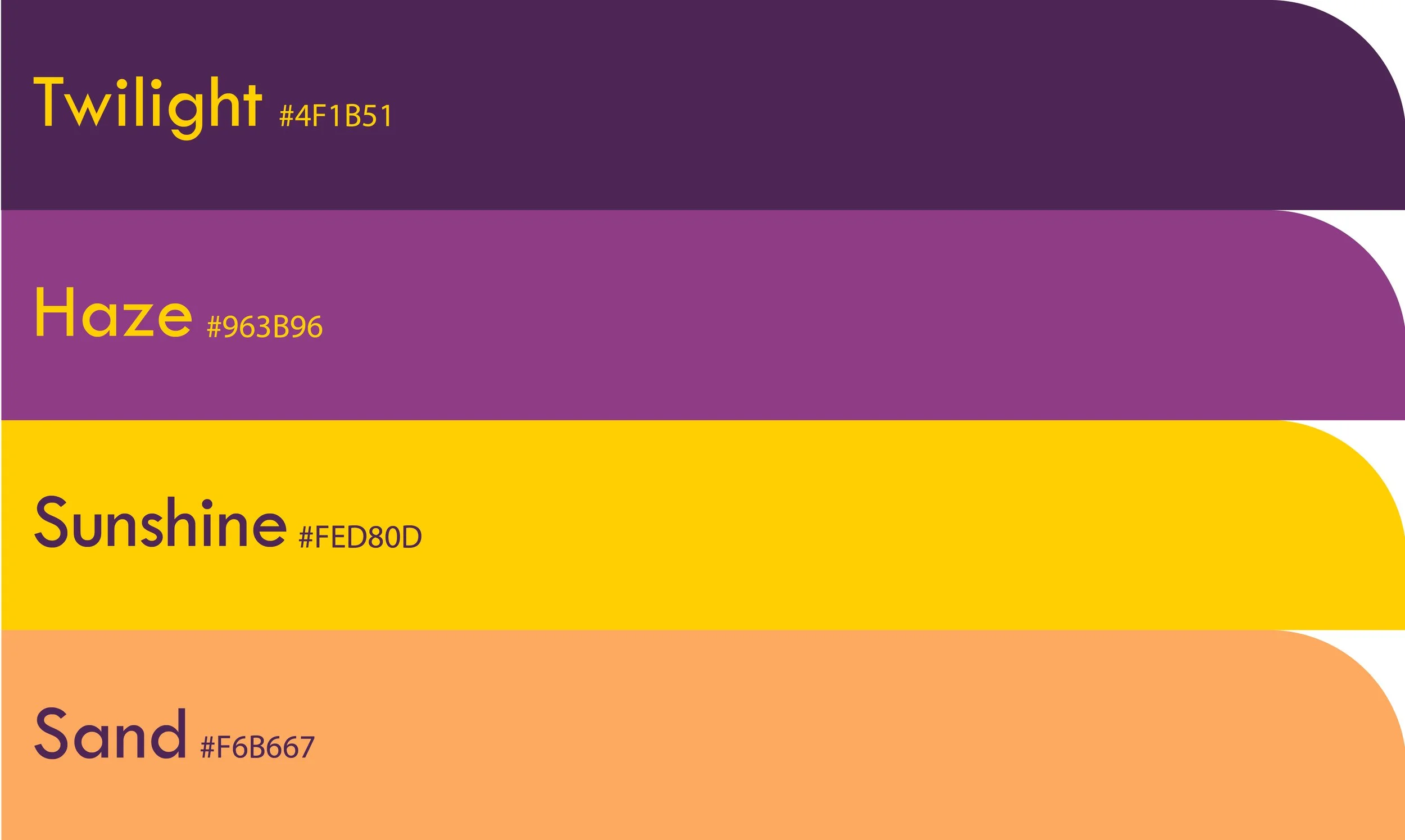 A color palette featuring shades of purple, yellow, beige, and orange with labels and hex codes for each color.