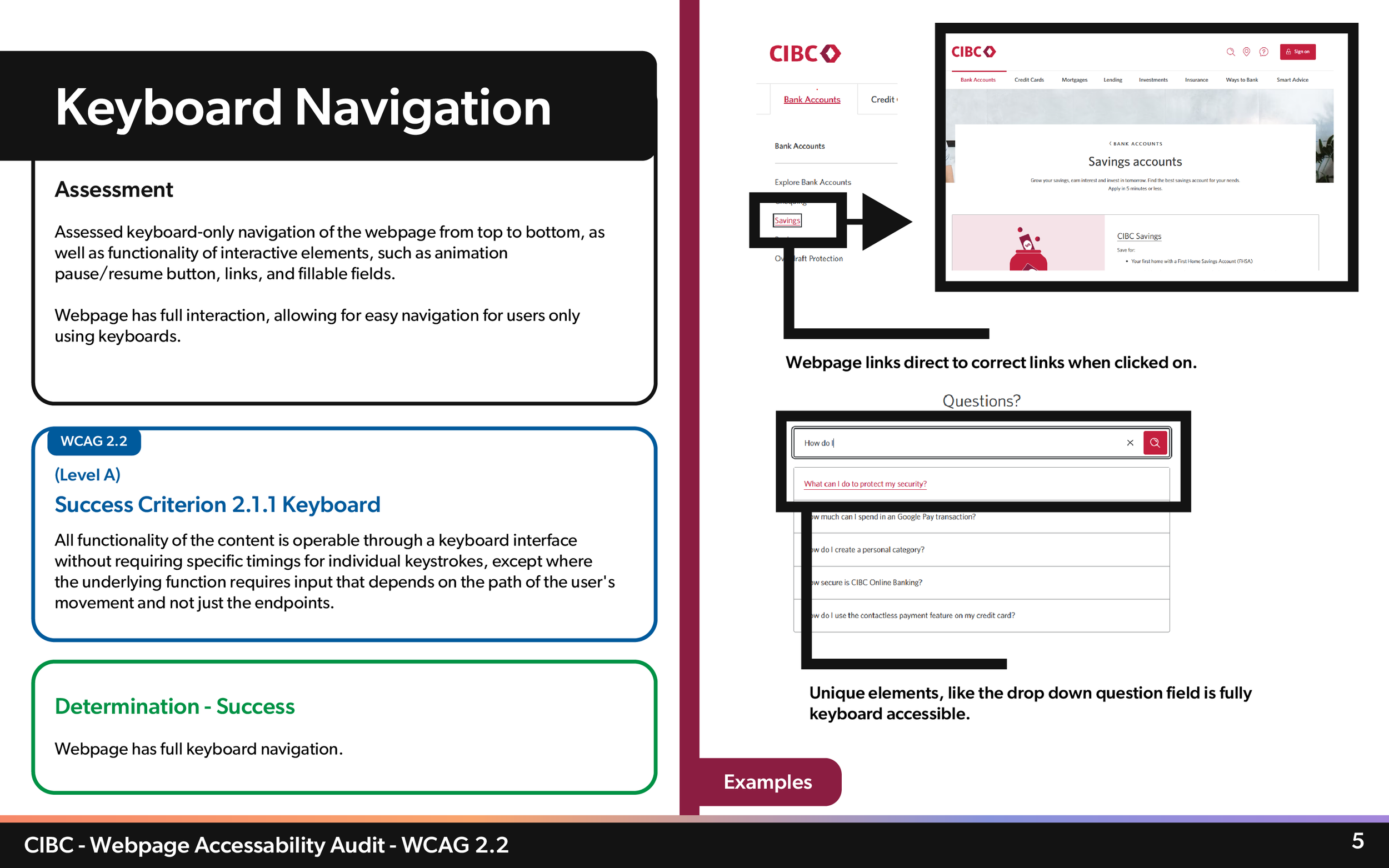 A webpage accessibility audit report for CIBC bank, titled 'Keyboard Navigation', detailing assessment of keyboard-only navigation, interactive elements, and full keyboard interaction for webpage accessibility, with sections on success criteria, key 