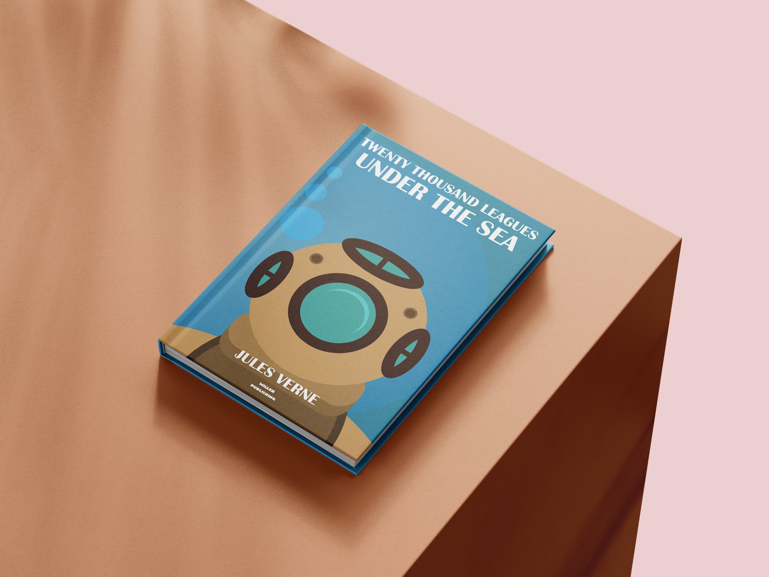 A book titled "Twenty Thousand Leagues Under the Sea" by Jules Verne resting on a two-tone surface with pink and tan colors.