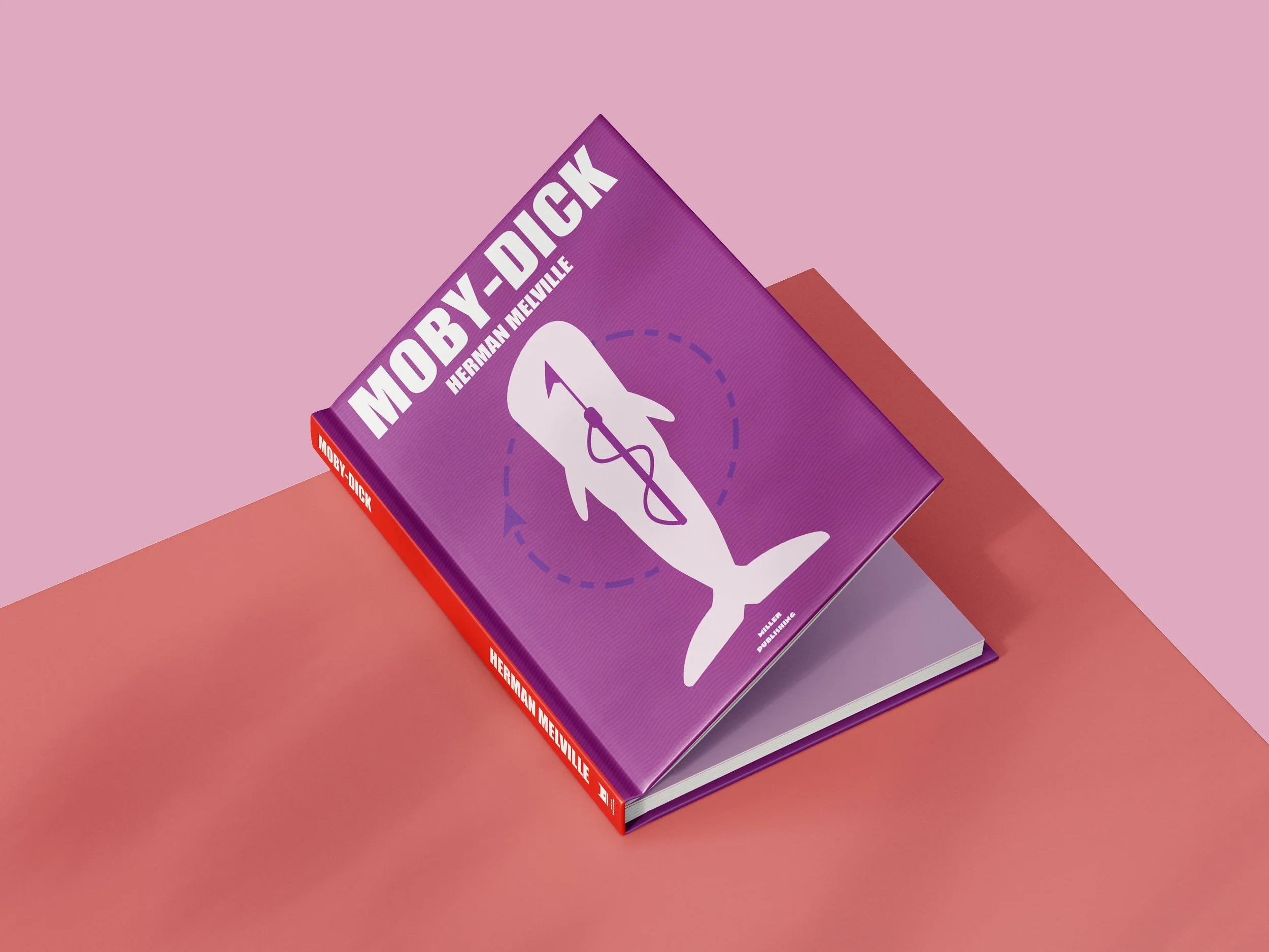 Close-up of a book titled 'MOBY-DICK' by Herman Melville, with purple cover and white text, placed on a pink and purple background.