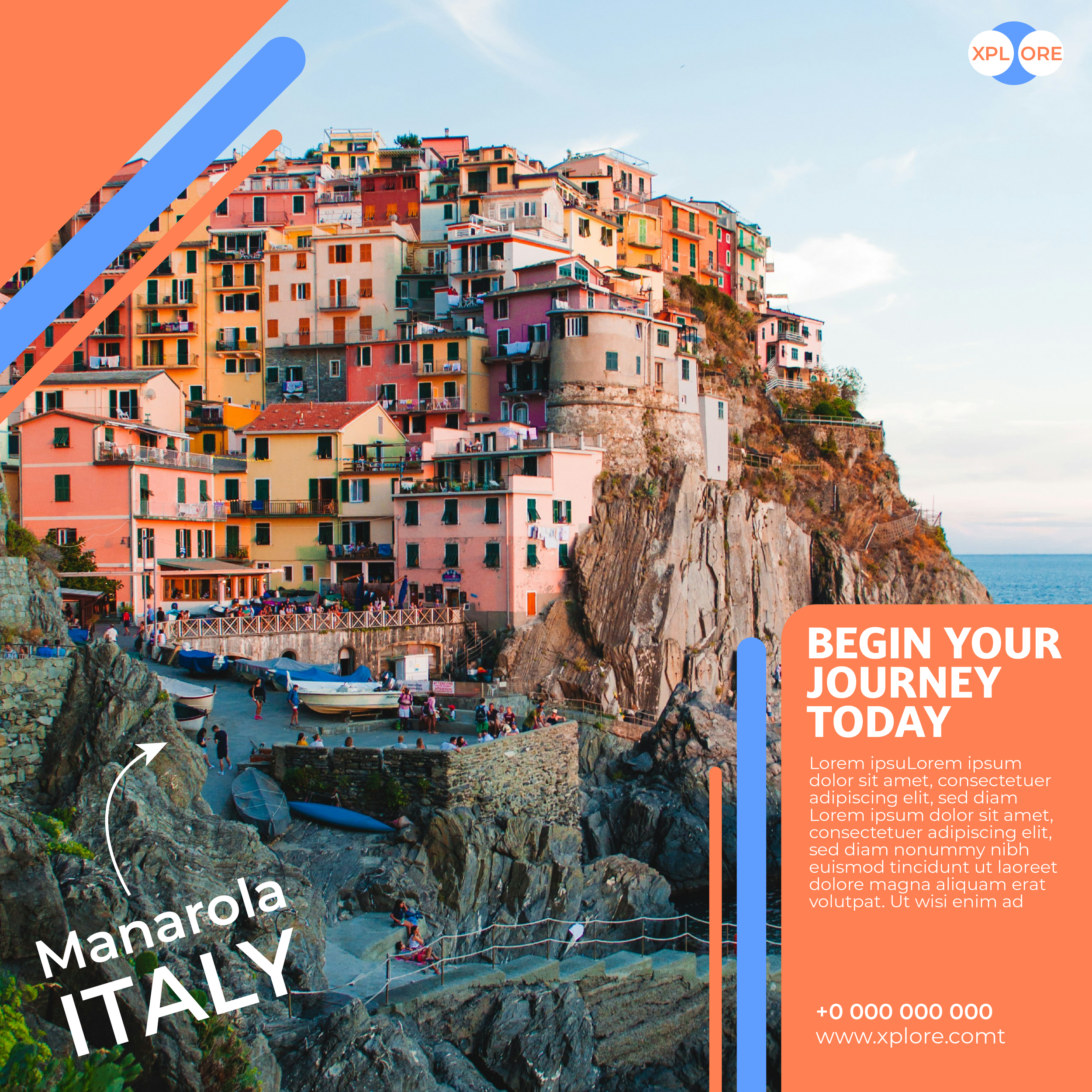 Colorful houses stacked on a hillside overlooking the sea, with a rocky cove and boats at the bottom, typical of the Cinque Terre in Italy.