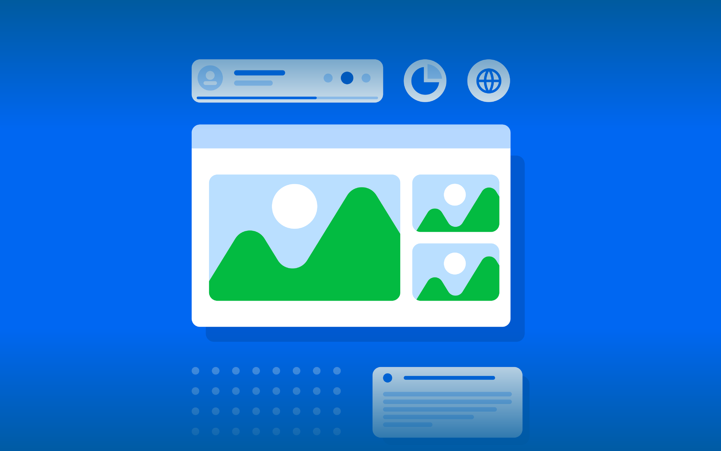 Illustration of a digital dashboard with graphs, charts, and user interface icons on a blue background.