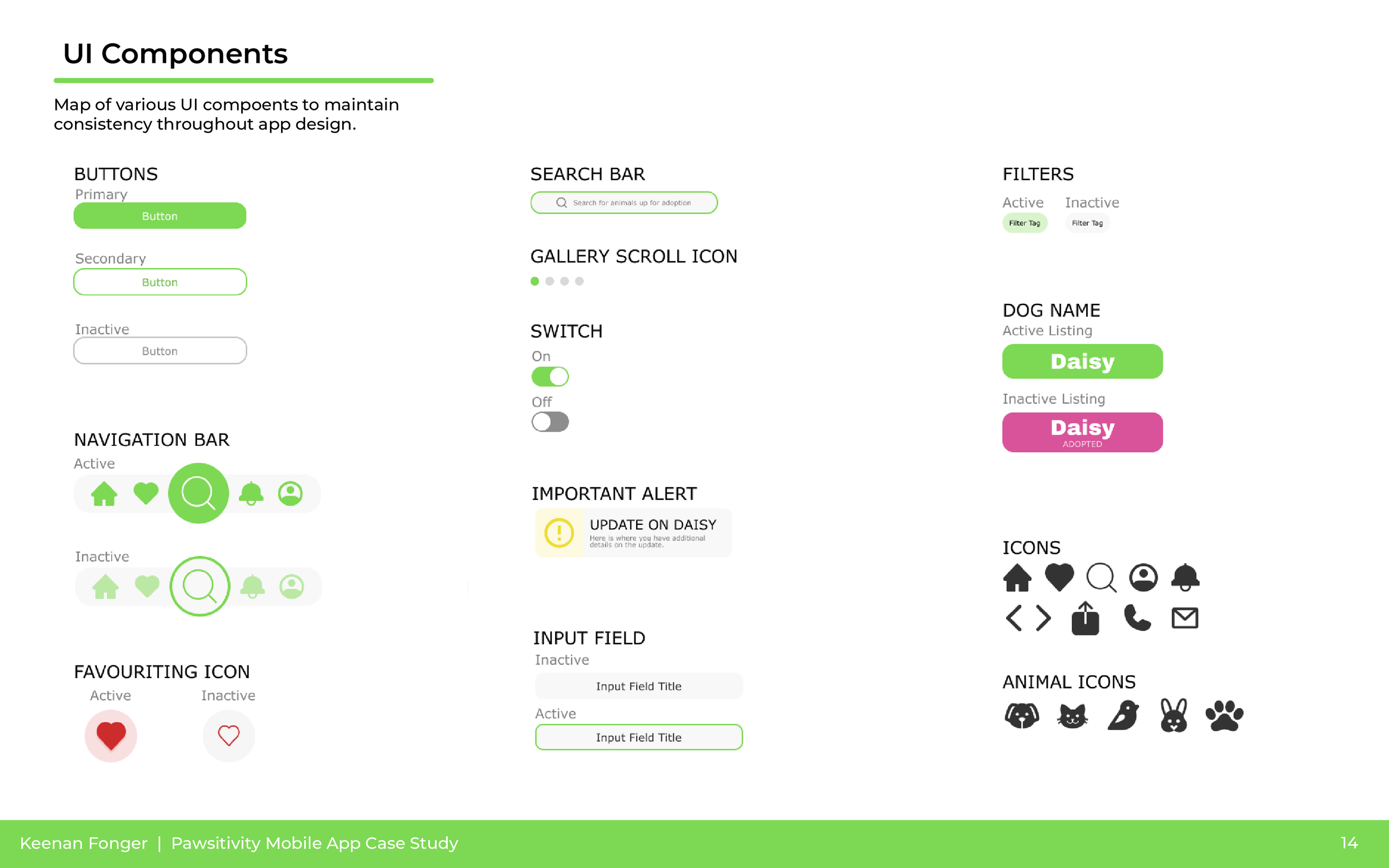 A page from a mobile app design case study on UI components, showing various button styles, search bar, gallery scroll icon, toggle switch, navigation bar, notification alert, favorite icons, input field, animal icons, and icons for home, search, not