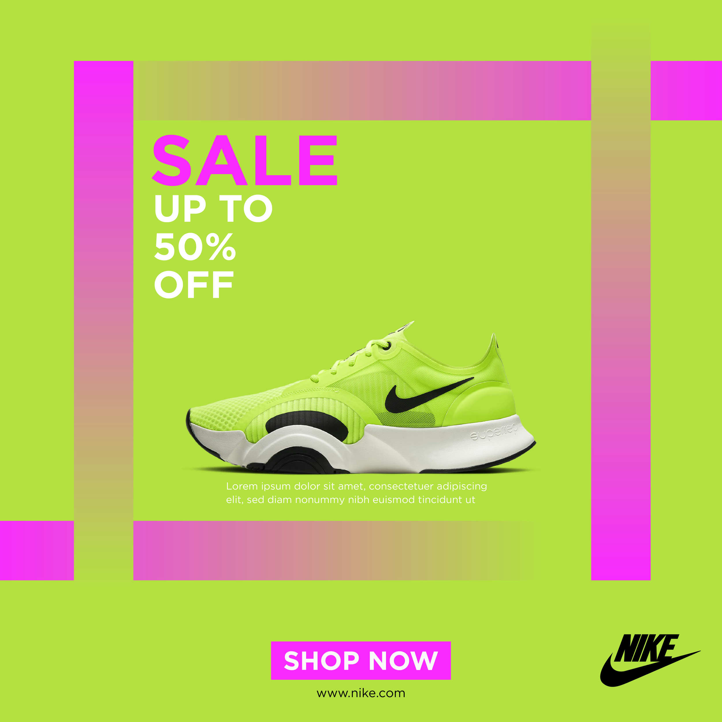 Bright lime green Nike sneaker with black swoosh and white sole, displayed on a pink and lime background with sale promotion text.