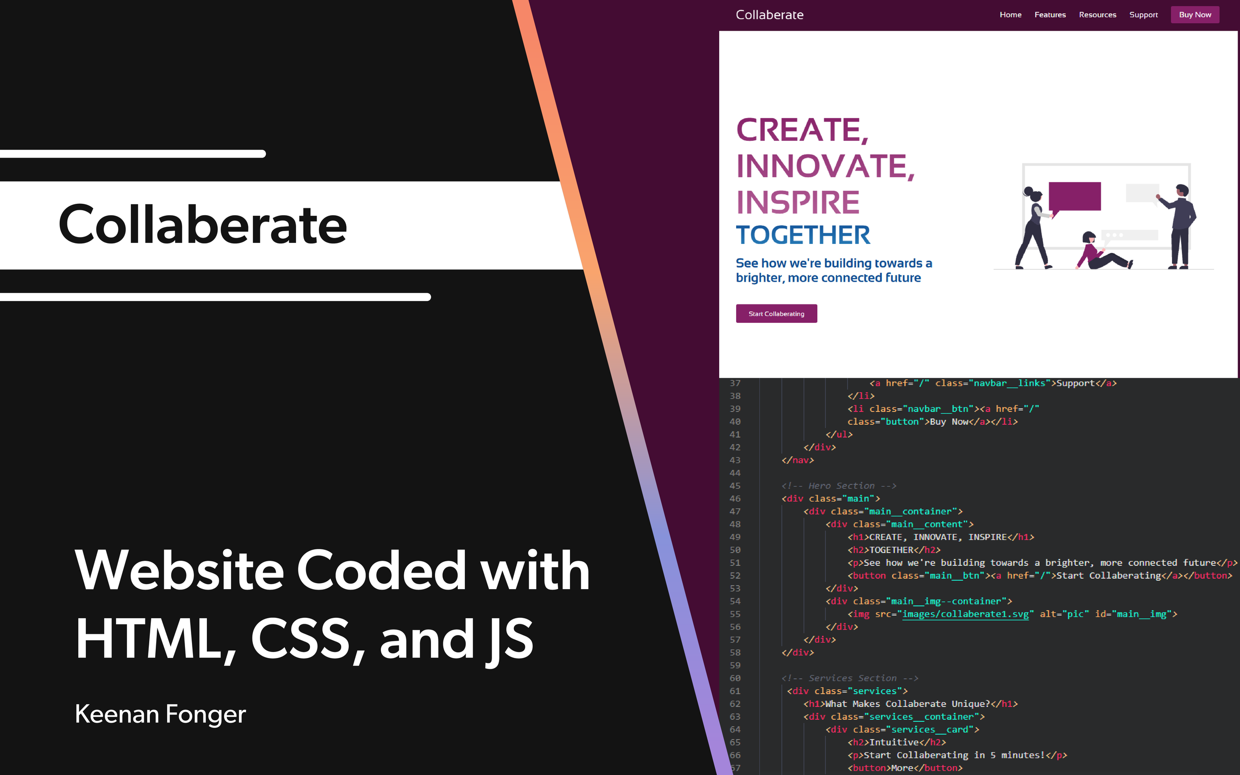 Split webpage showing a dark themed section with the word 'Collaborate' and a white section with a purple header titled 'Create, Innovate, Inspire, Together' along with a graphic of three people discussing around a whiteboard and some HTML code in th