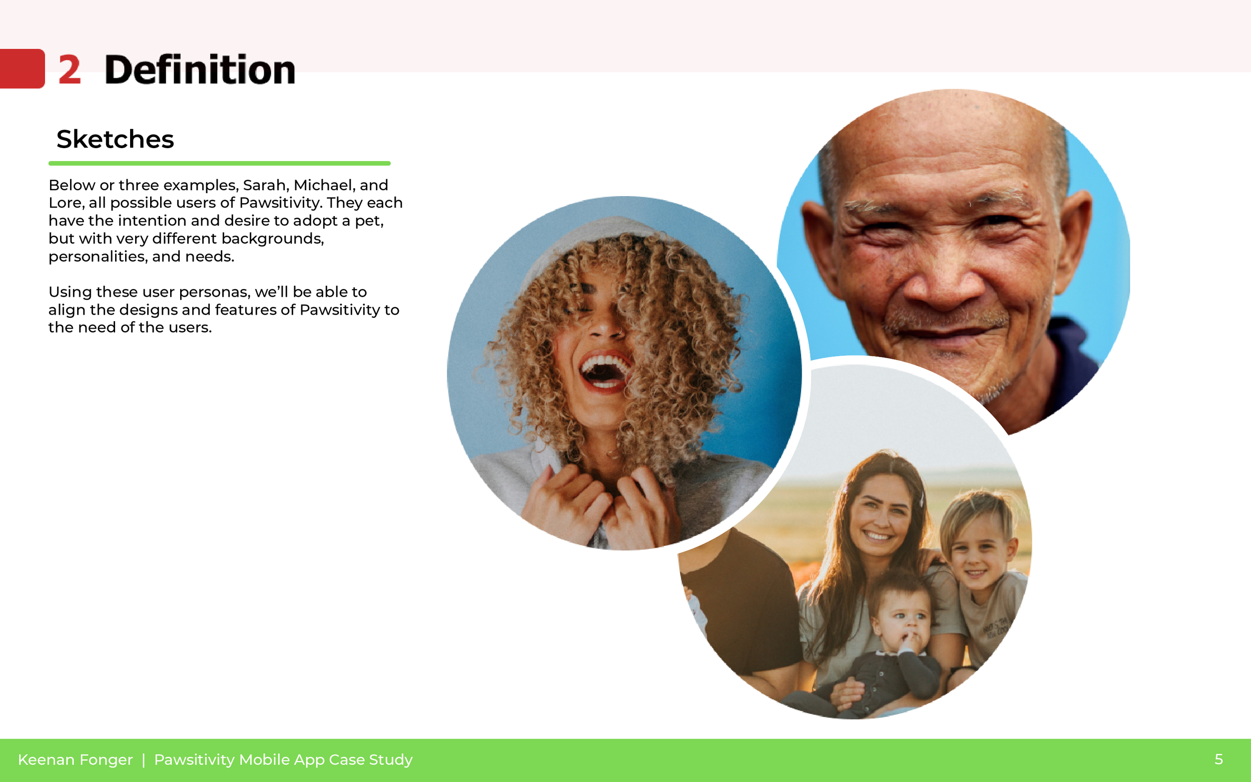 Page from a presentation with the title 'Definition' and the subtitle 'Sketches.' Includes images of diverse people, including a joyful woman with curly hair, an older man with a smile, and a group of smiling children outdoors.