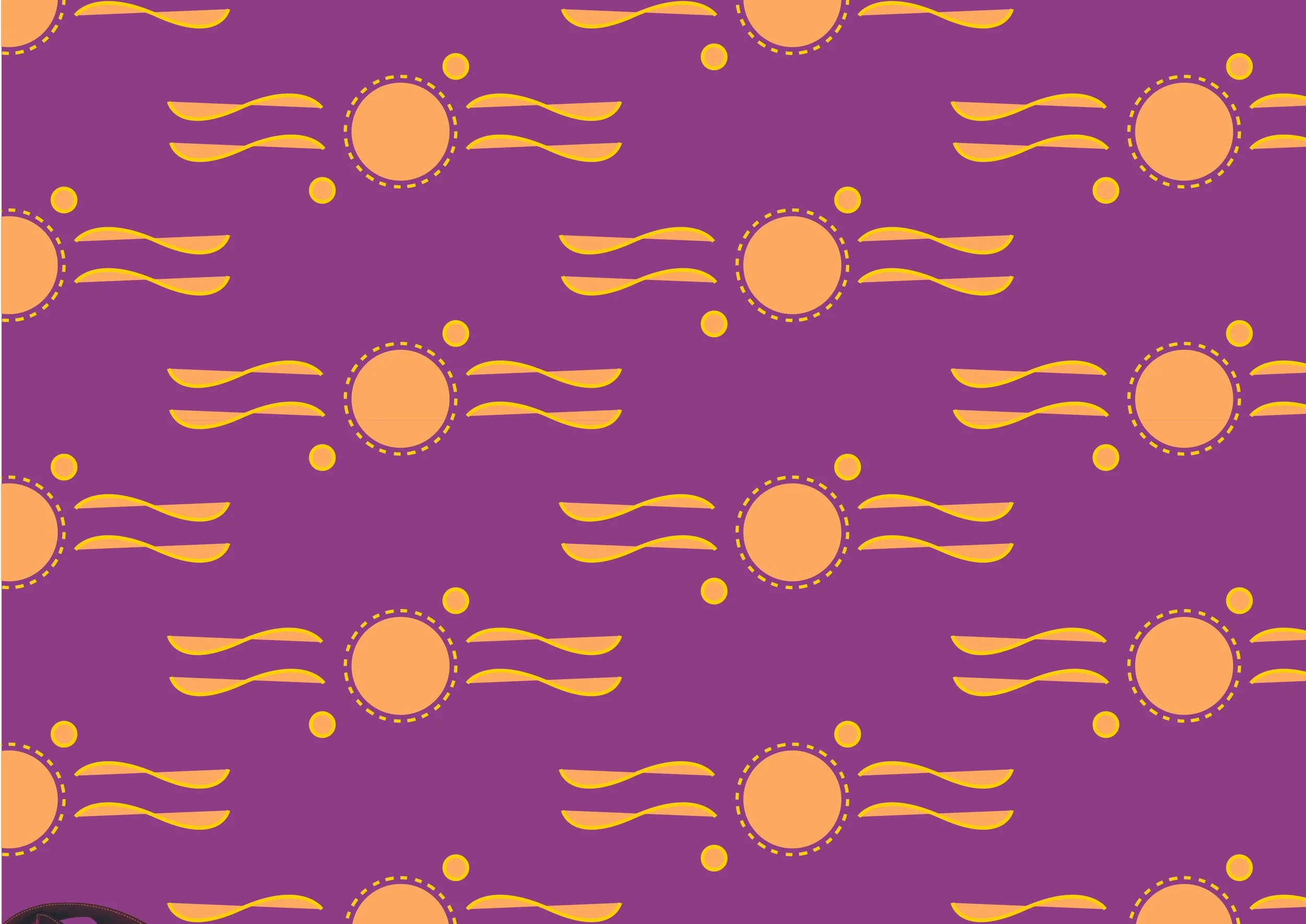Pattern with purple background featuring stylized orange suns with yellow dashed circle outlines, with several small yellow dots scattered throughout.