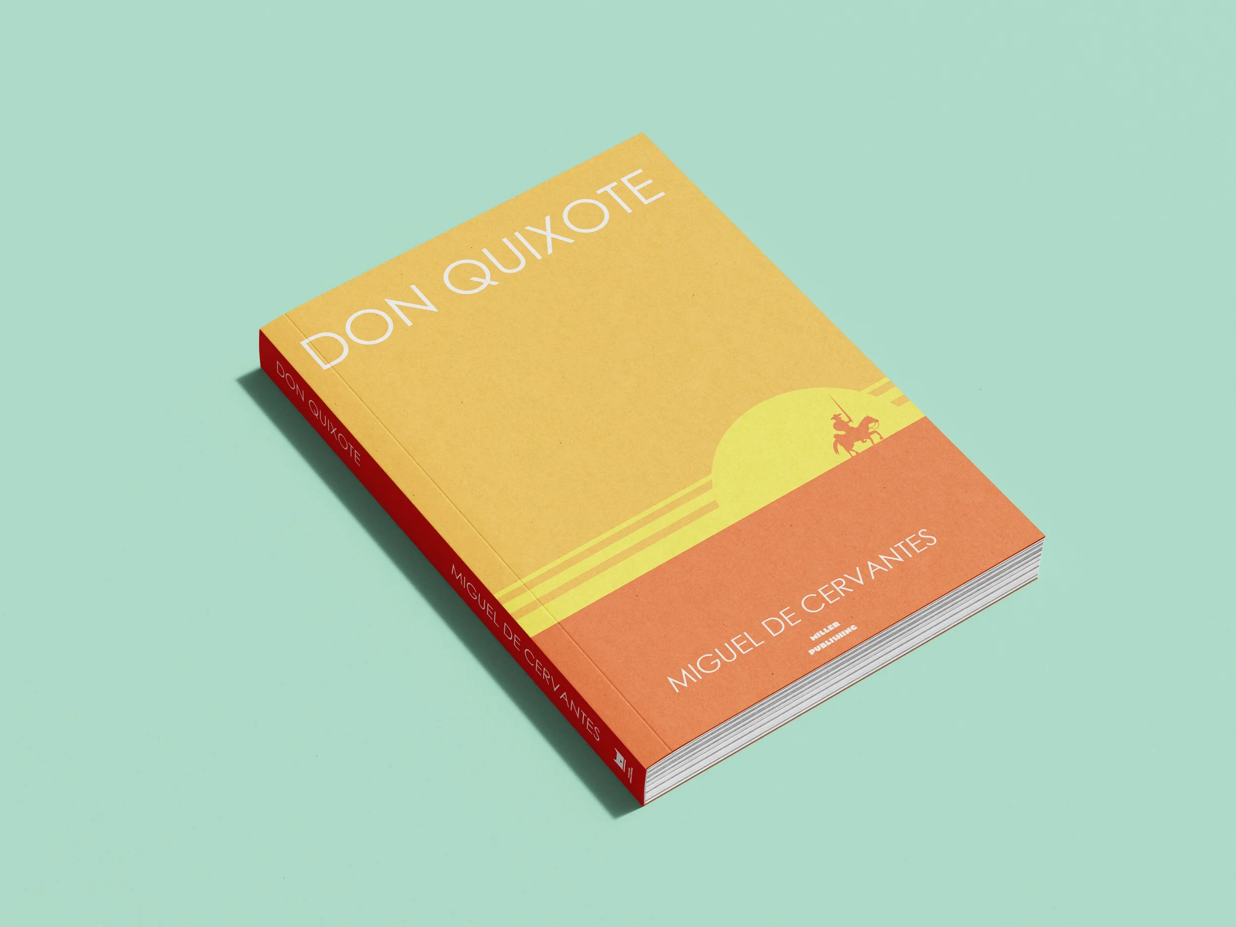 Colorful paperback book titled 'Don Quixote' by Miguel de Cervantes lying on a mint green surface.