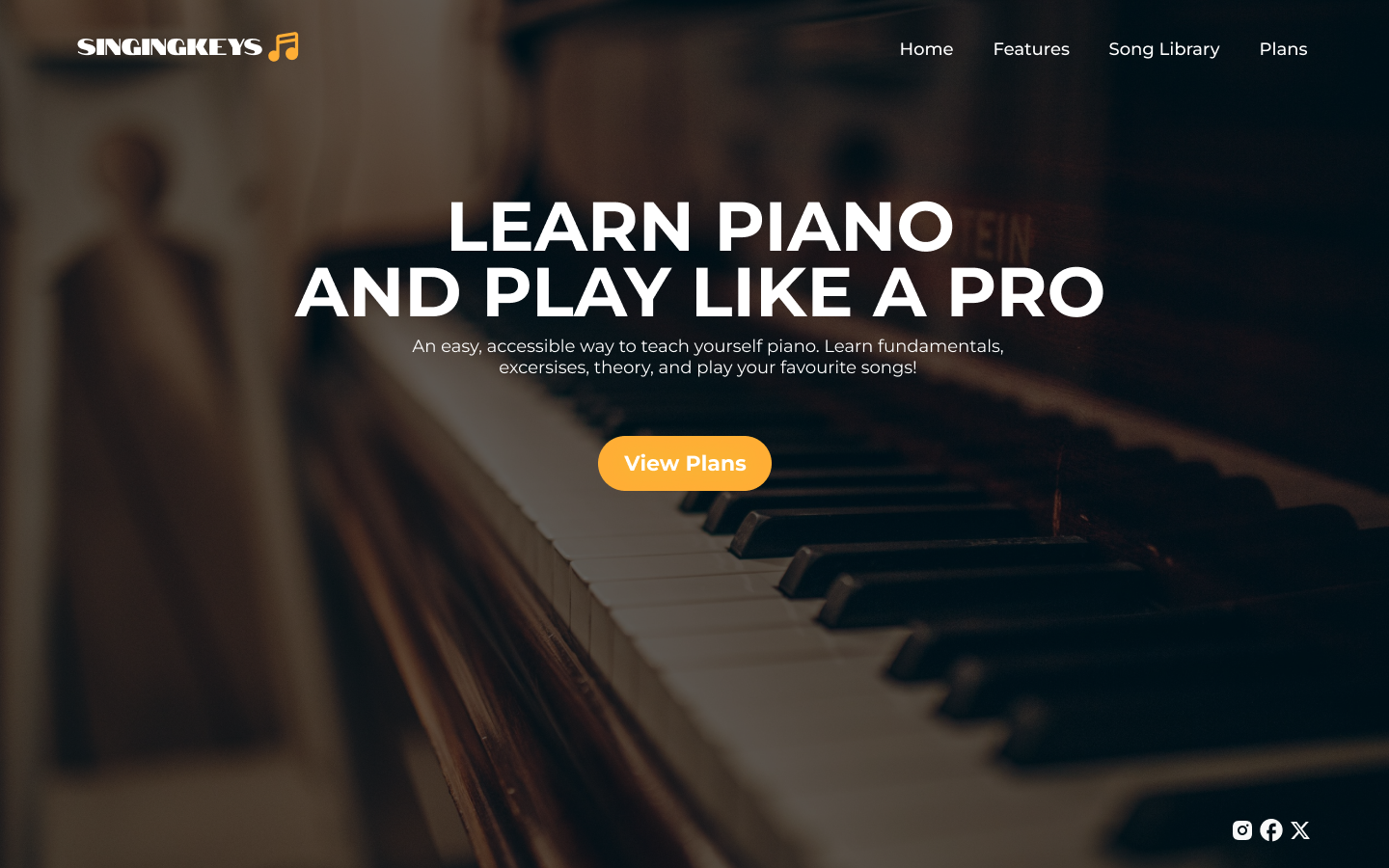 A piano keyboard with a blurred background, part of a website homepage promoting learning to play piano.