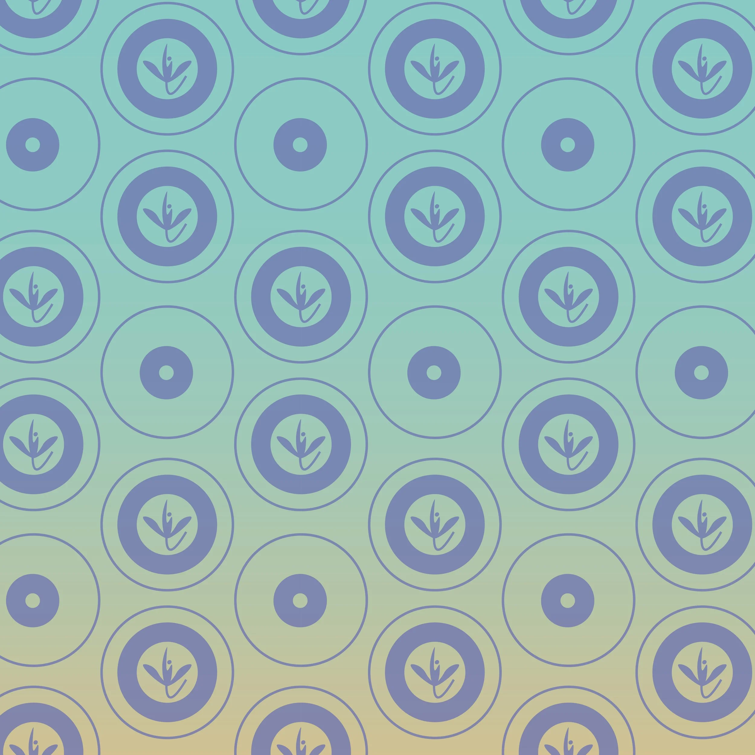 Repeating pattern of concentric circles with a floral design in the center on a gradient background.