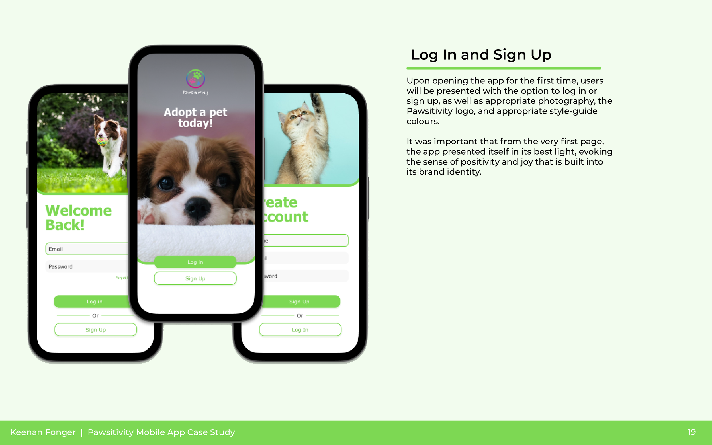 Digital presentation of mobile app screens for pet adoption, displaying login and signup options, with images of dogs and a cat.