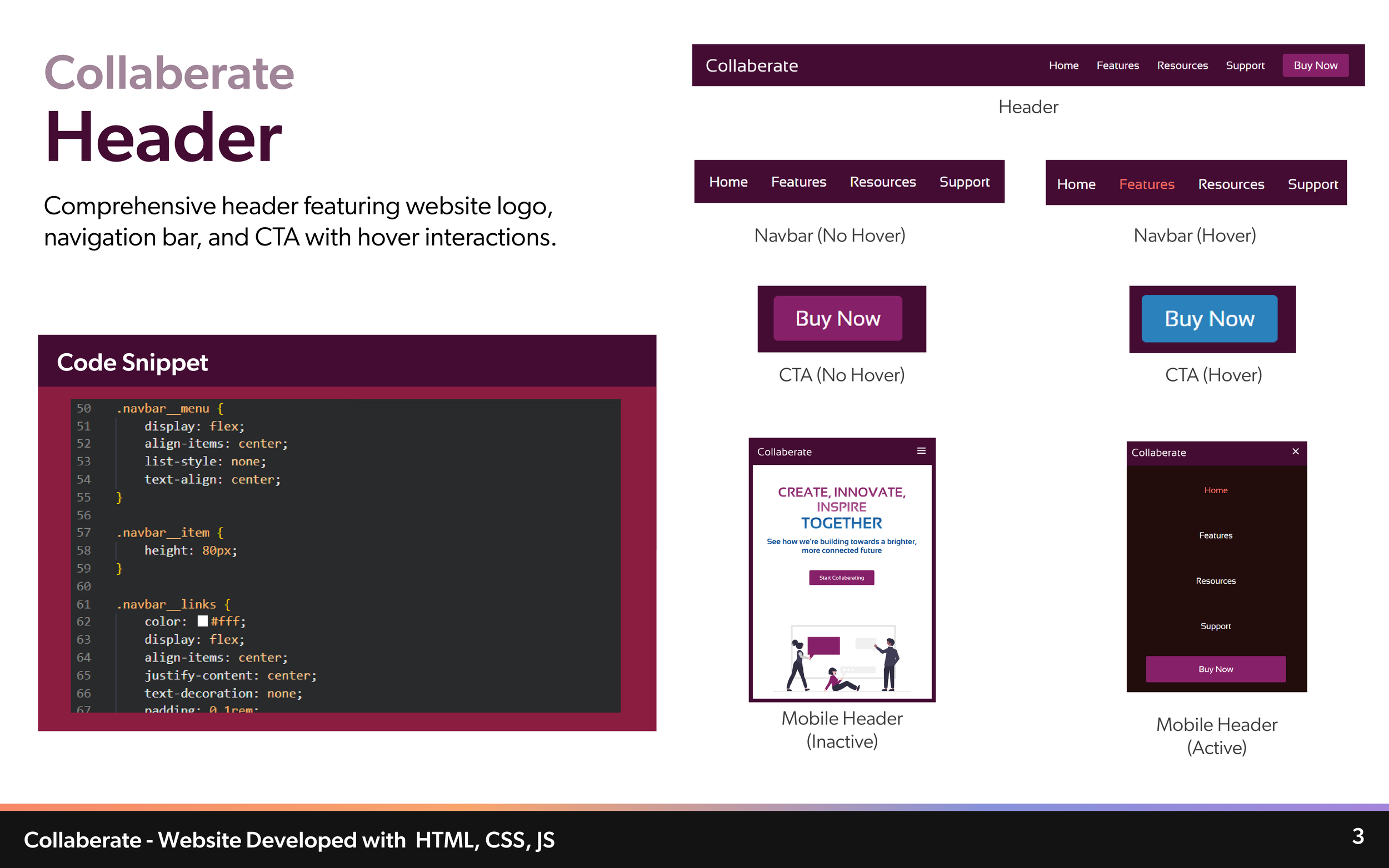 A webpage design comparing active and inactive mobile headers, featuring a navigation menu, header, and call to action buttons, accompanied by code snippets for styling.