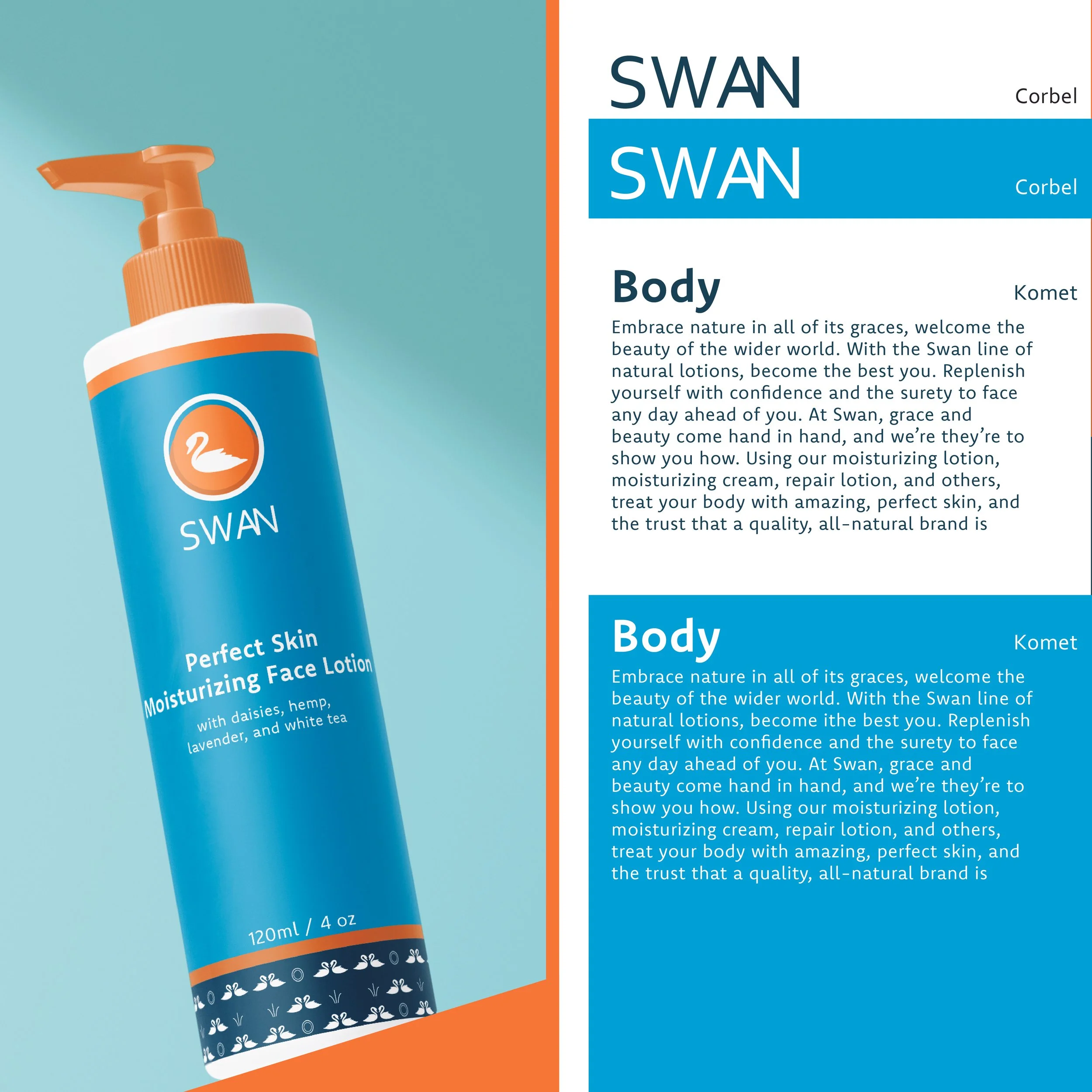 Product packaging for Swan brand body lotion with an orange pump and a blue label featuring white swan icons.
