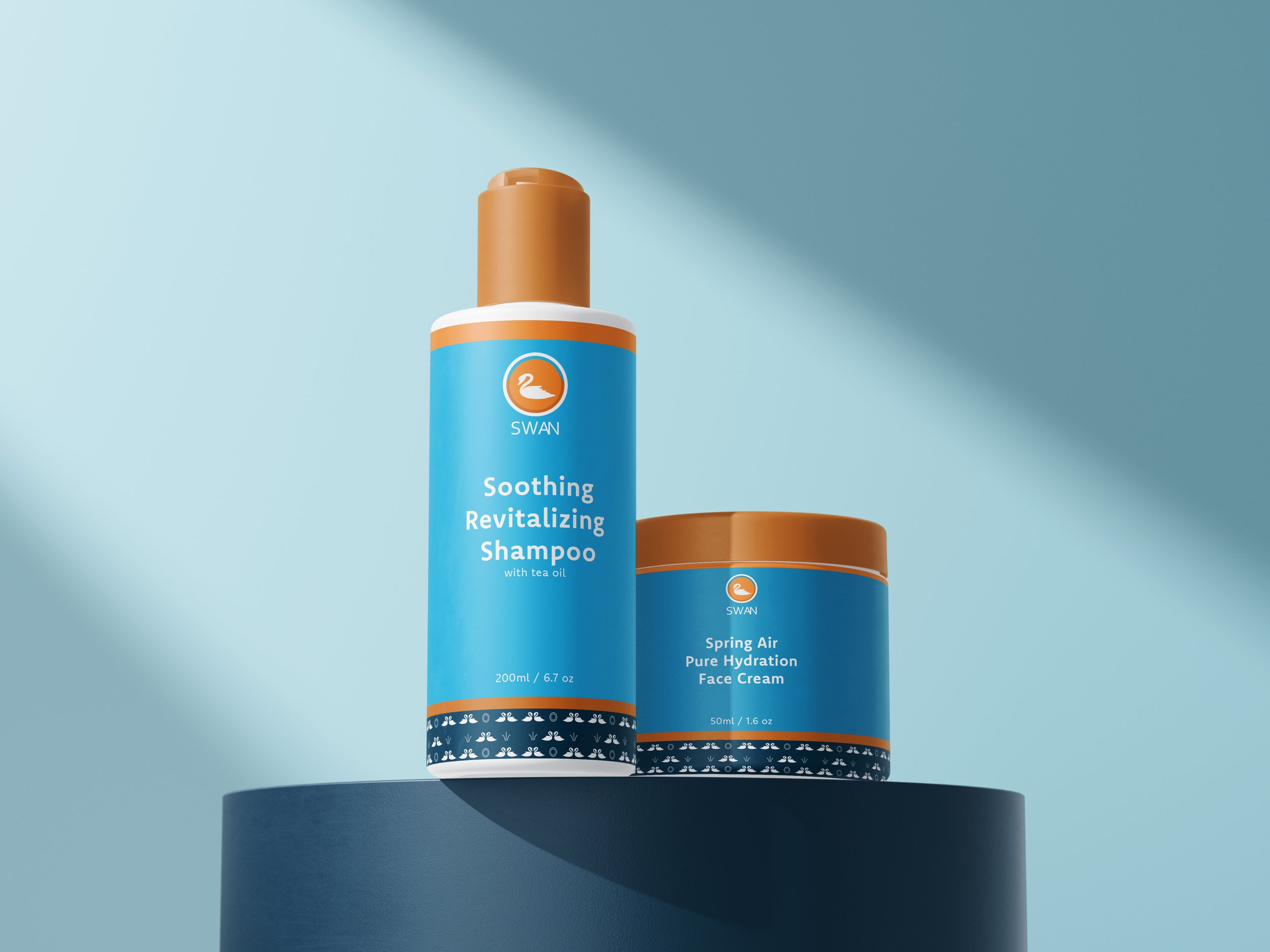 Two bottles of skincare products from the brand Swan placed on a circular surface with a blue background. The larger bottle is labeled as soothing, revitalizing shampoo with tea oil, and the smaller bottle is labeled for spring air and pure hydration