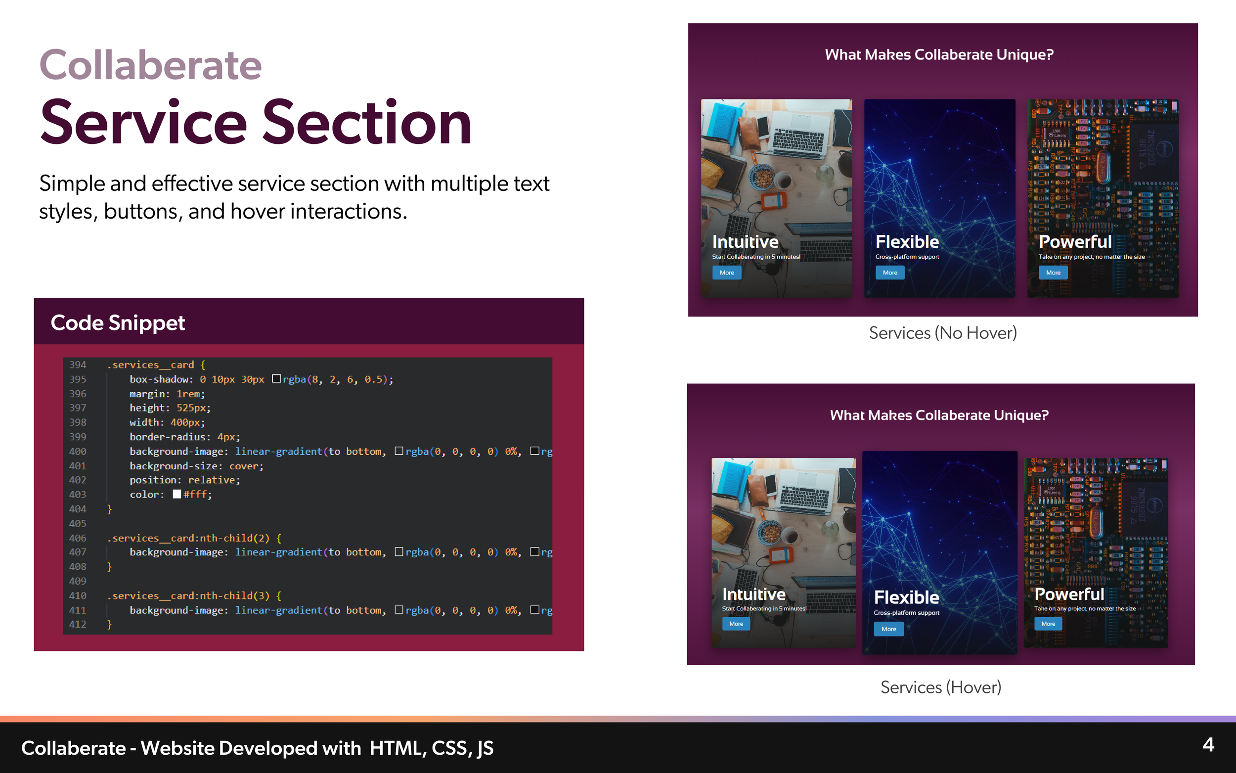 Screenshot of a website section titled 'Collaborate Service Section' with a purple background, featuring three smaller images labeled 'Intuitive,' 'Flexible,' and 'Powerful,' and a code snippet on the left side.