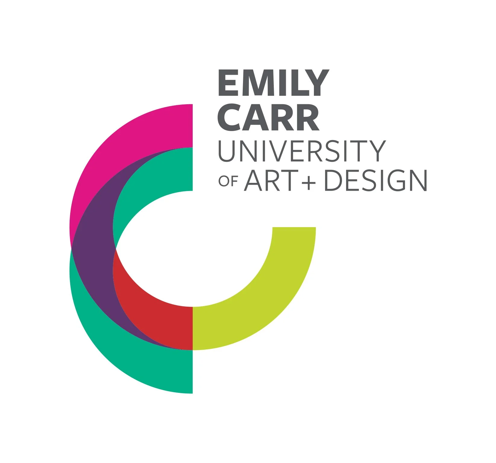 Logo for Emily Carr University of Art + Design featuring a multicolored circular design with gray text.