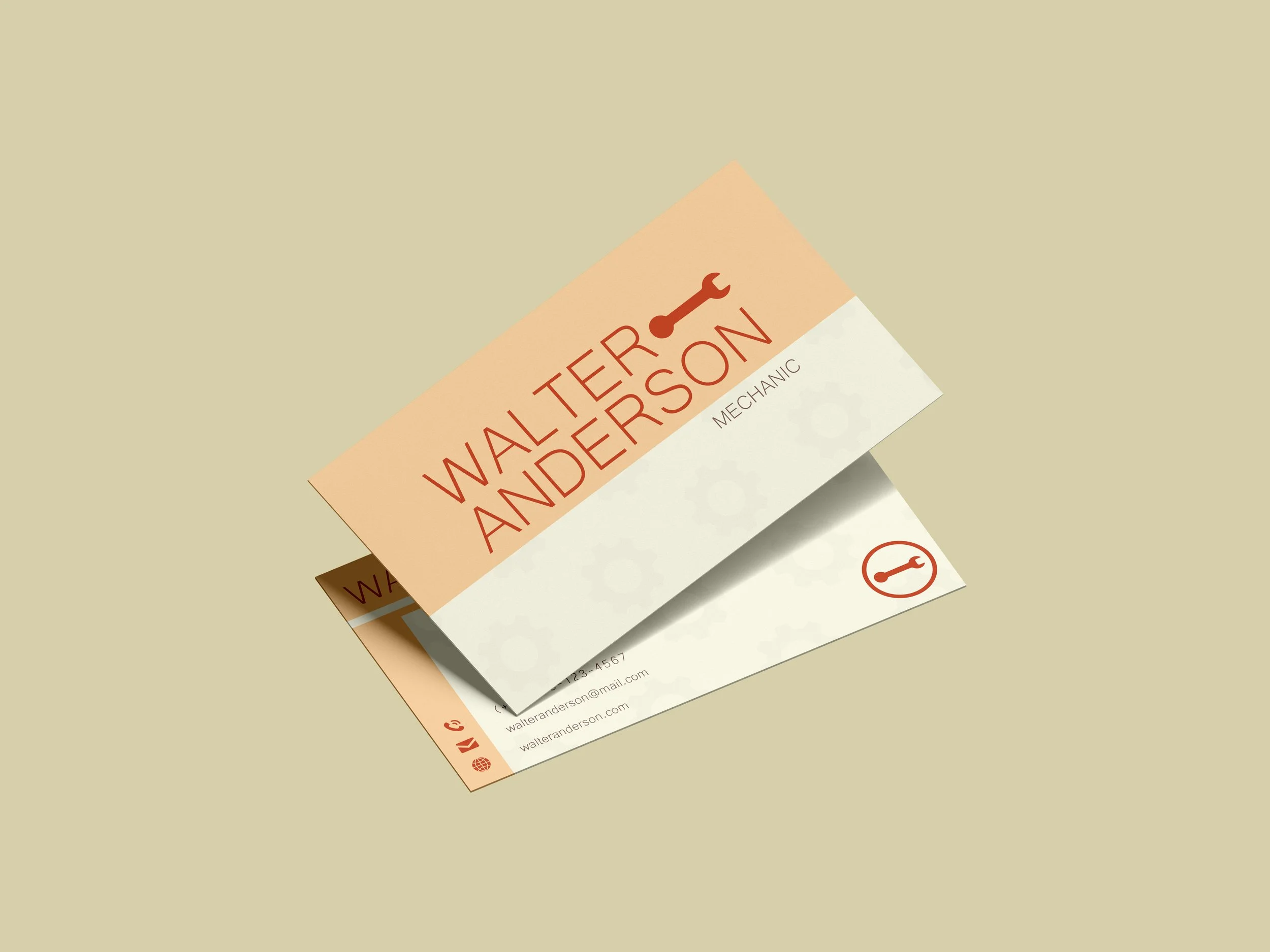 Business cards for Walter Anderson, a mechanic, with contact information, icons for phone, email, and website, on a beige background.