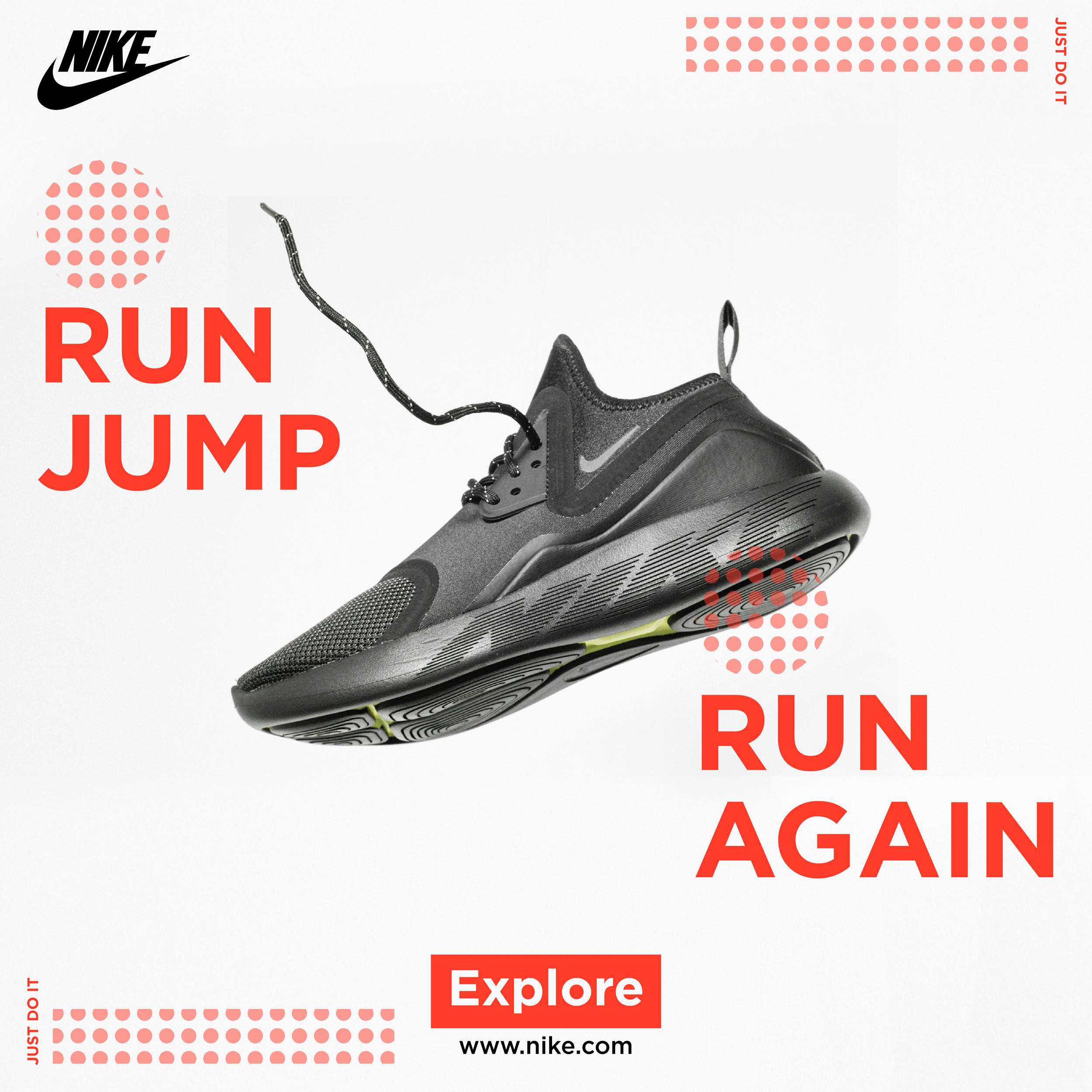 Close-up of a Nike running shoe with overlay text that says 'Run Jump Again' and 'Explore' with Nike logo in the top left corner and website www.nike.com at the bottom.