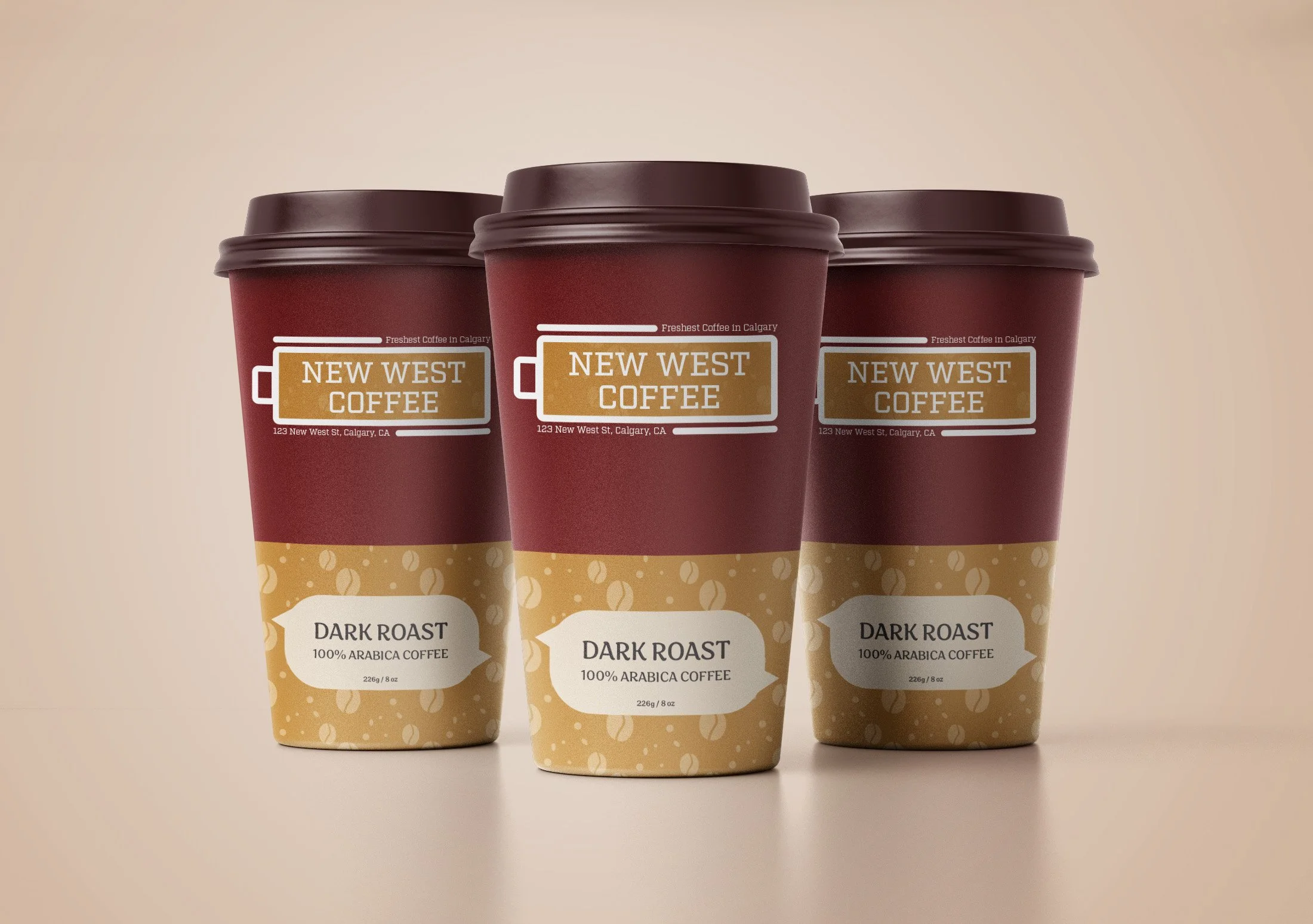 Three coffee cups with burgundy and beige packaging labeled 'New West Coffee', 'Dark Roast', made from 100% Arabica coffee, standing upright against a light beige background.