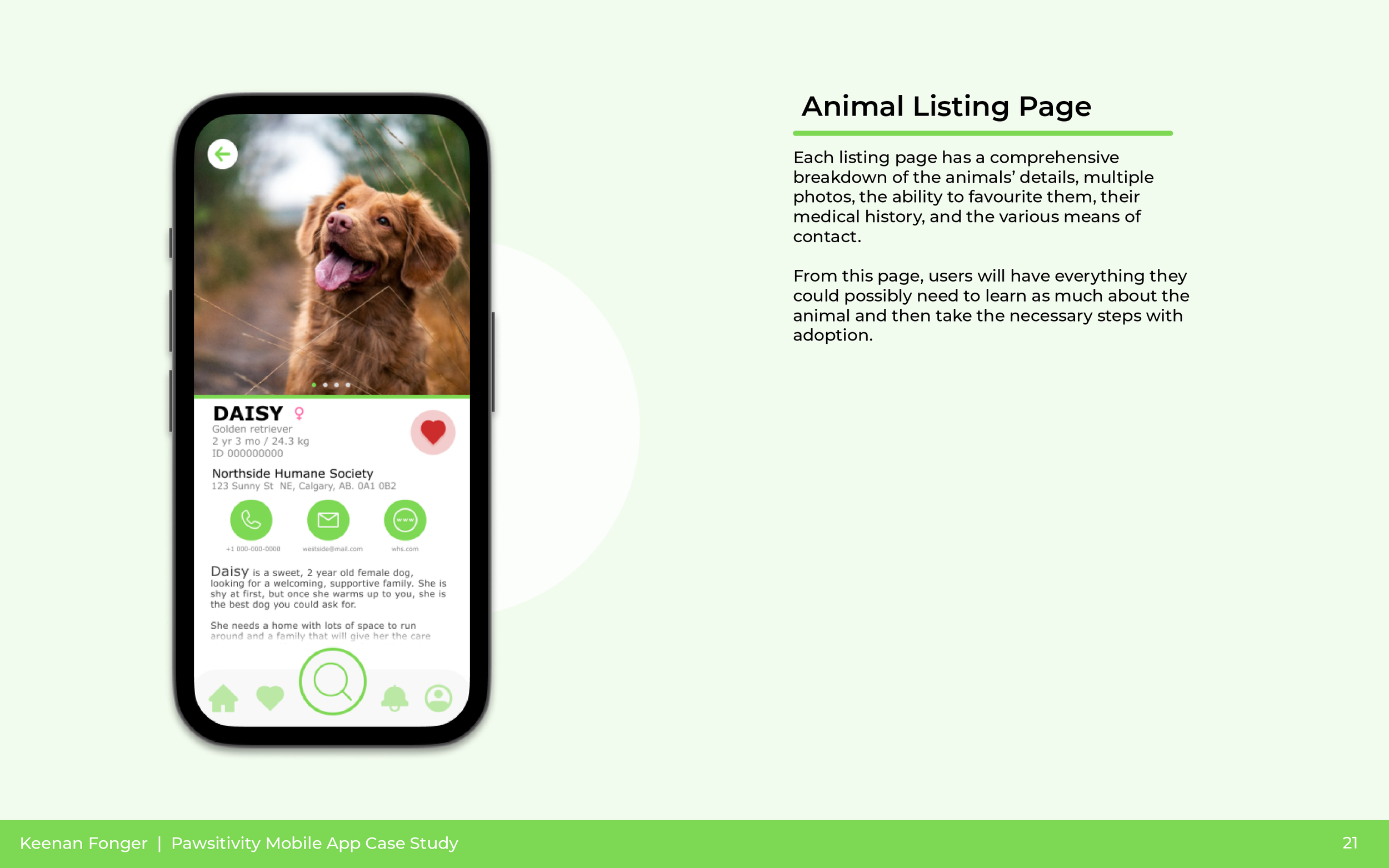 A smartphone screen displaying a dog adoption profile for a female golden retriever named Daisy, age 2 years, weight 24.3 kg, at Northside Humane Society, with contact icons and a photo of a happy, brown, fluffy dog with its mouth open, tongue out, a