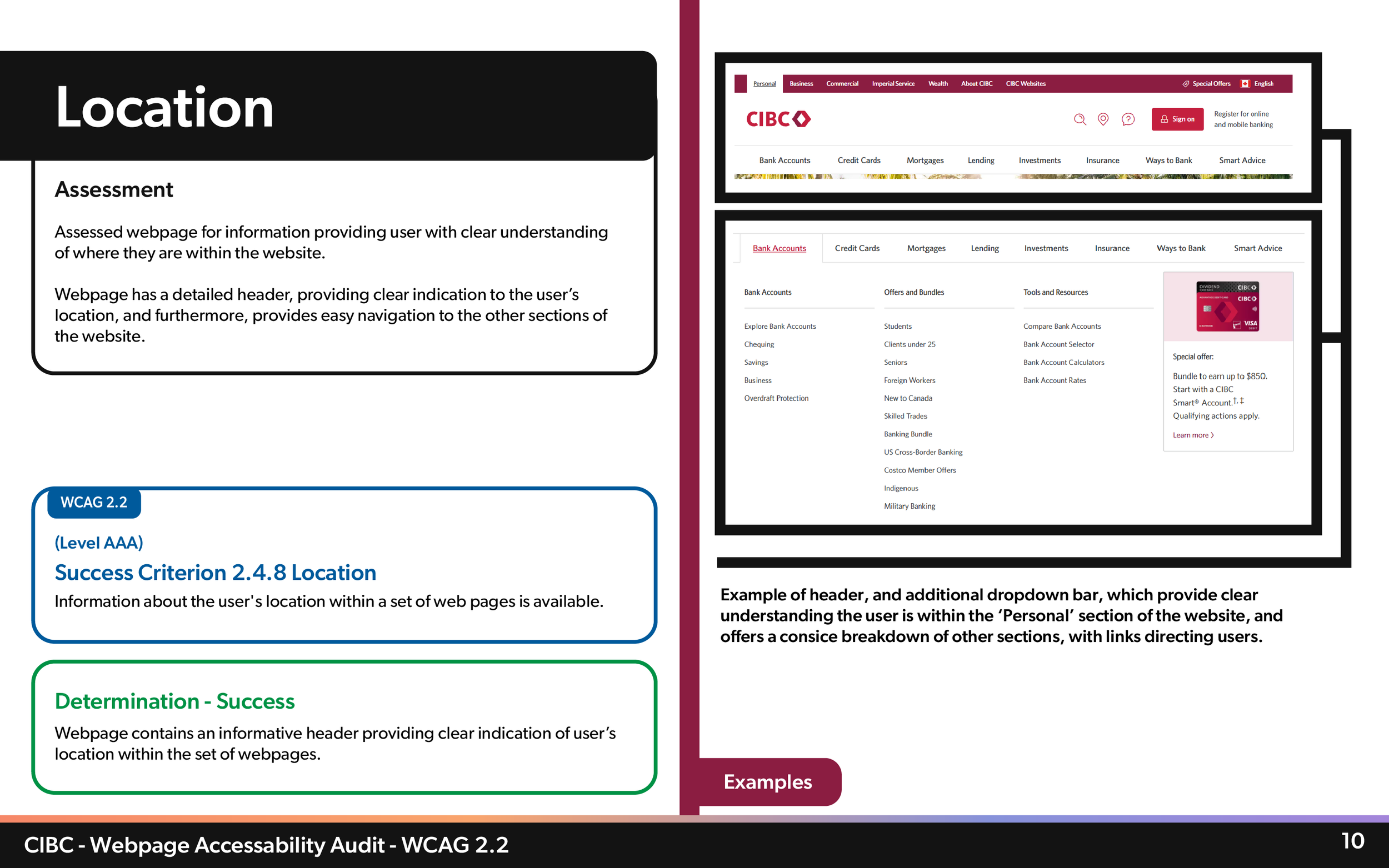 A webpage layout showing a detailed header for a banking website, including a maroon navigation menu with links to Personal, Business, Commercial, Imperial Service, Wealth, About CIBC, and CIBC Websites. A red Sign on button and a register for online