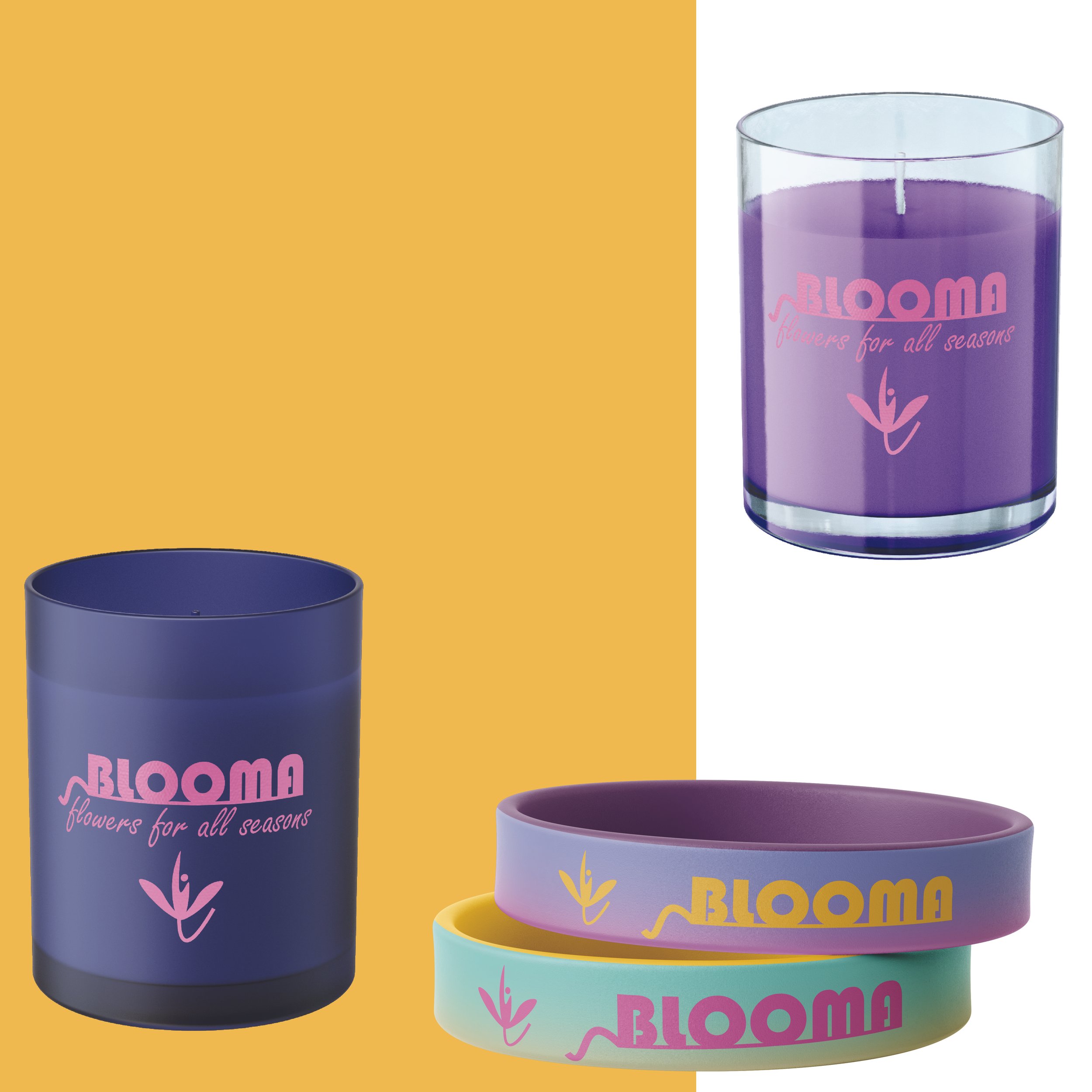 A set of four colorful candles in purple, pink, yellow, and light blue with the word 'BLOOM' and a flower logo on each, arranged in front of a yellow background.