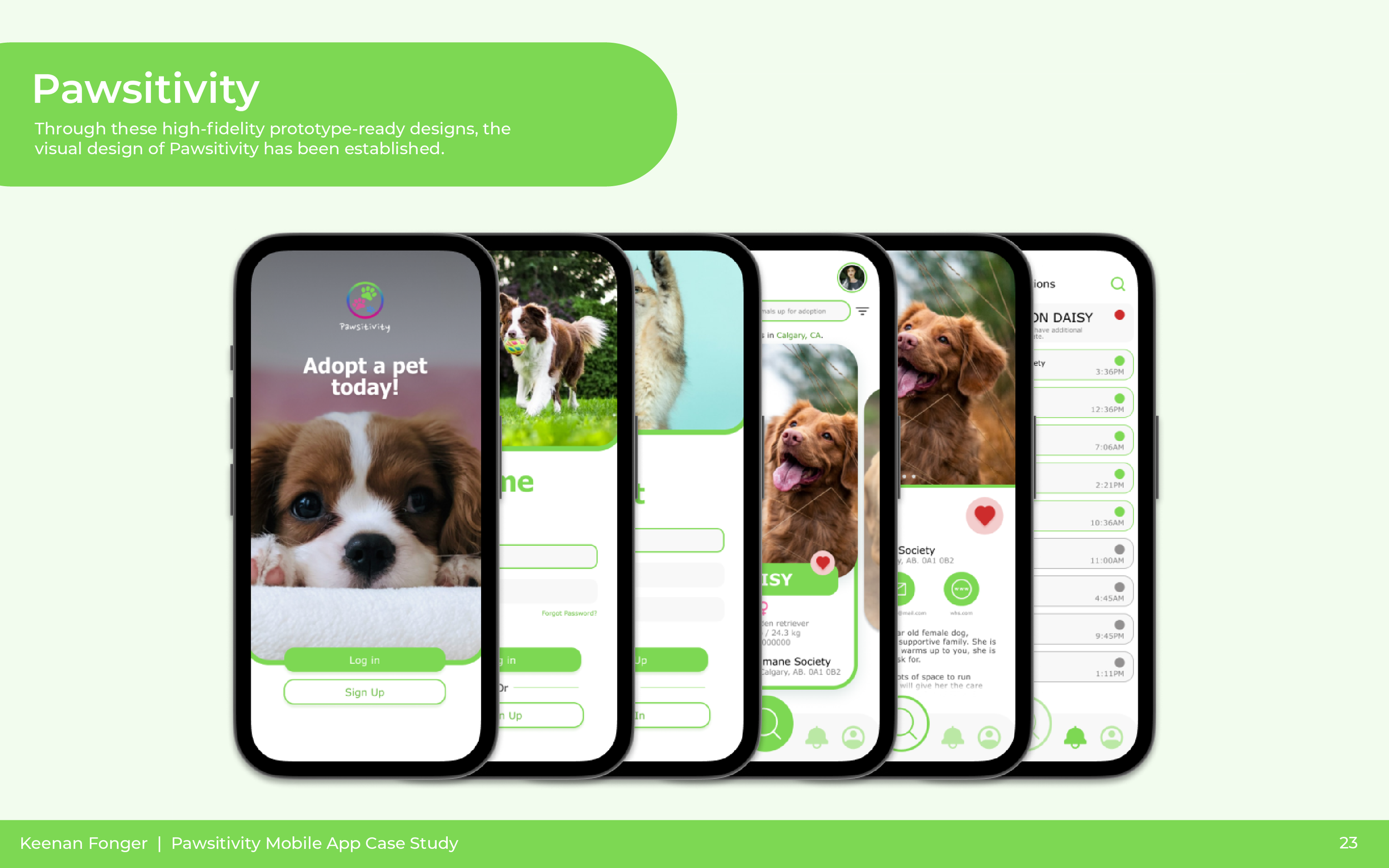 A graphic showing multiple smartphone screens displaying the Pawsitvity app, which features images of dogs and text related to pet adoption and veterinary care, with a green and white color scheme.