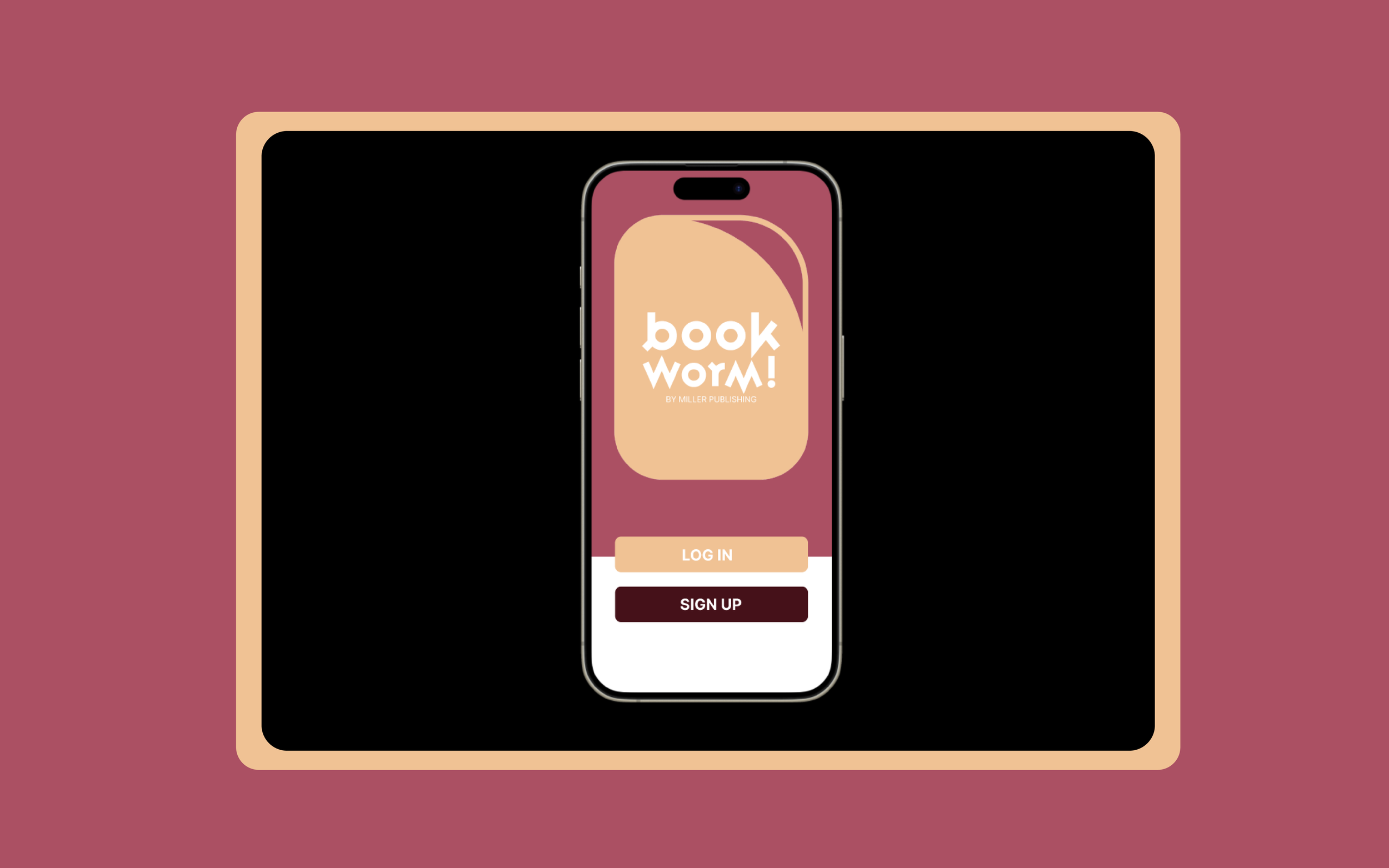 A smartphone displaying an app called 'Book Worm!' with login and sign-up buttons in the foreground, placed on a larger device with a pink background.