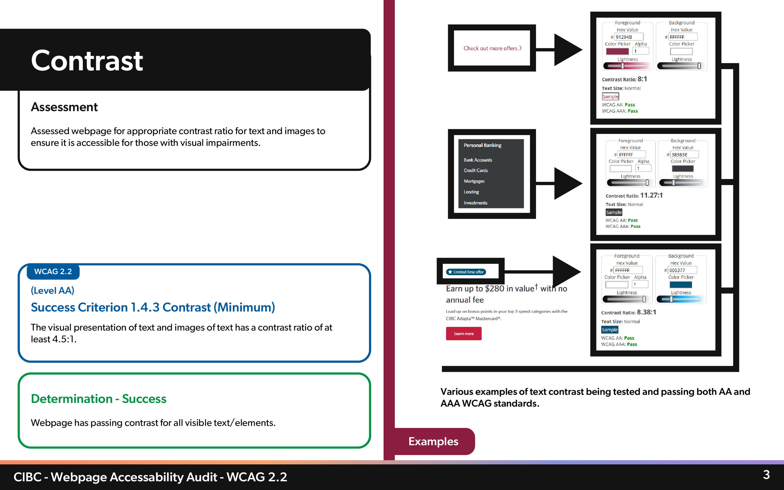 A webpage with text discussing contrast assessment standards, including color pickers and sample contrast ratios, with some arrow and button icons.