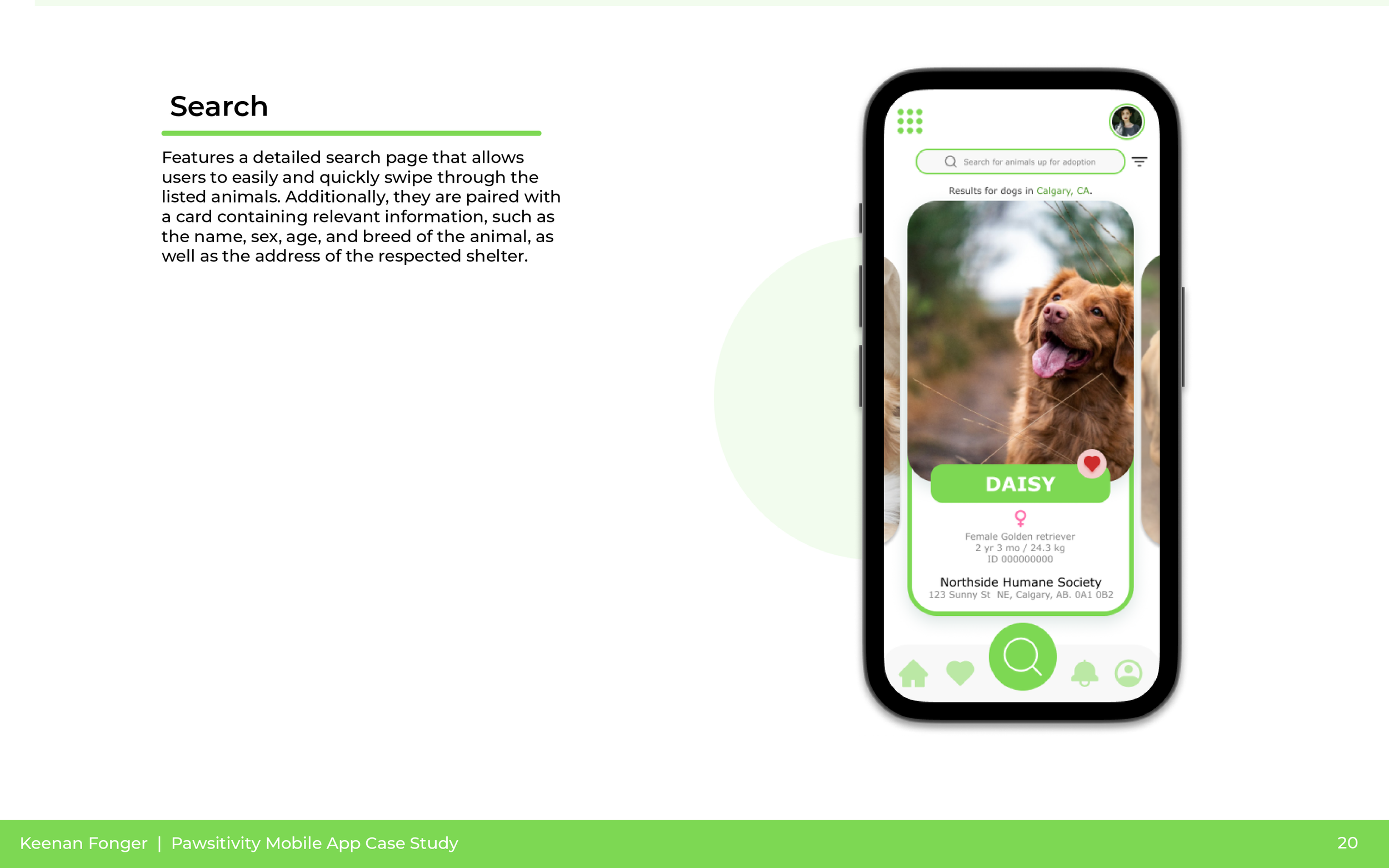 Screenshot of a mobile app interface showing a search page for adoption animals with a dog profile named Daisy.