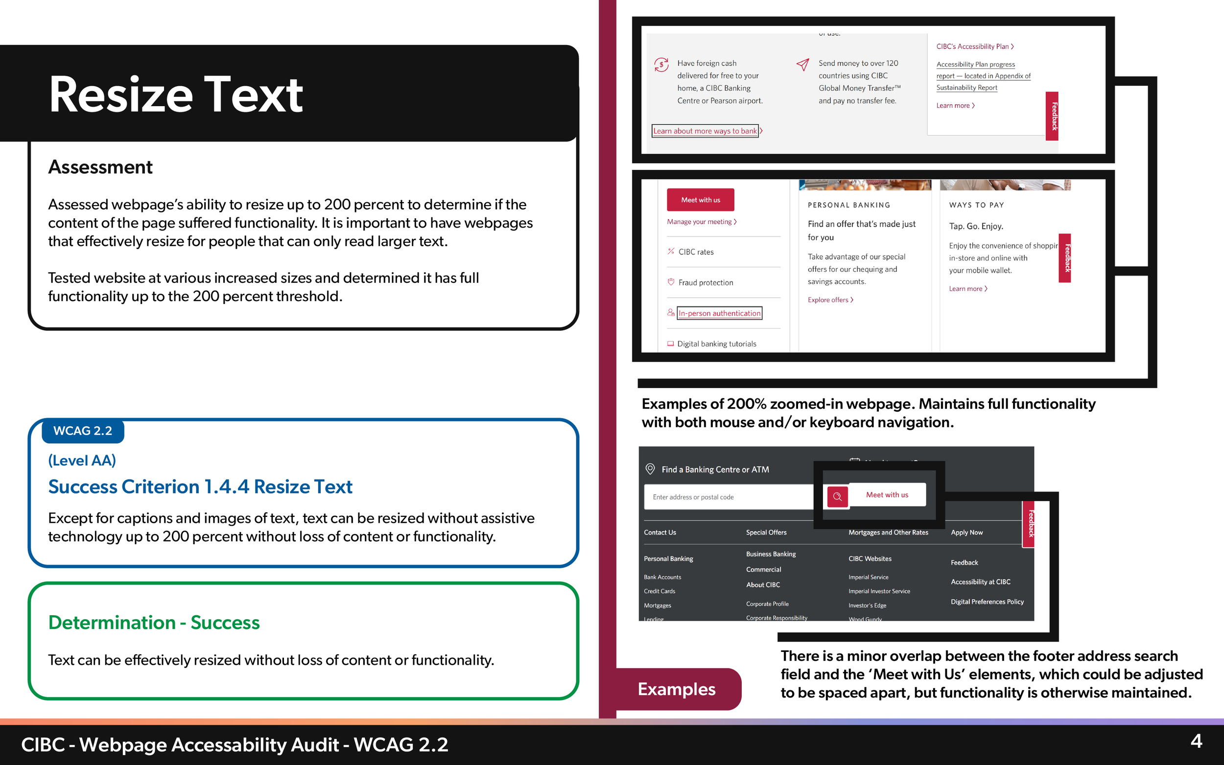 Examples of a webpage zoomed to 200% displaying text and layout for accessibility testing, with multiple sections, links, and navigation elements visible.