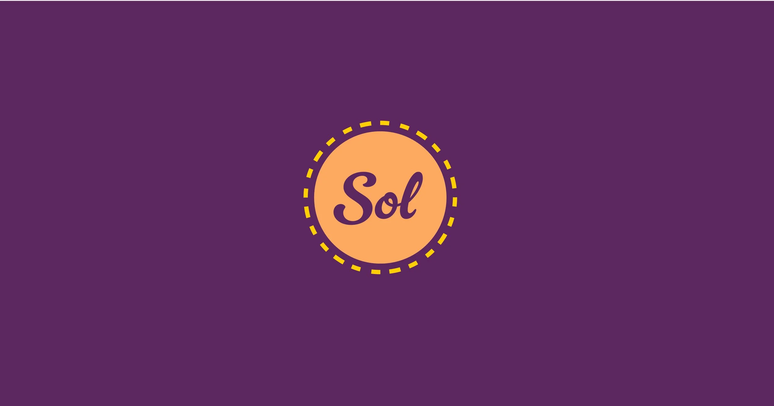 Purple background with a peach-colored oval in the center containing the word 'Sol' in purple cursive font, bordered by a dashed yellow line.