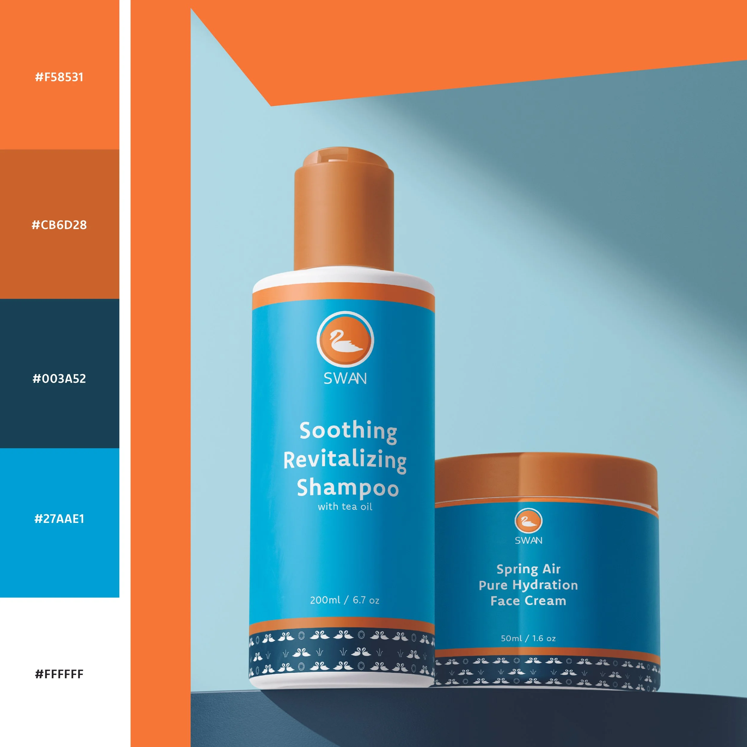 A beauty product packaging featuring a bottle of soothing, revitalizing shampoo with tea oil, containing 200ml or 6.7 ounces, positioned in front of a blue background with orange and navy decorative accents, and a color palette strip on the left side