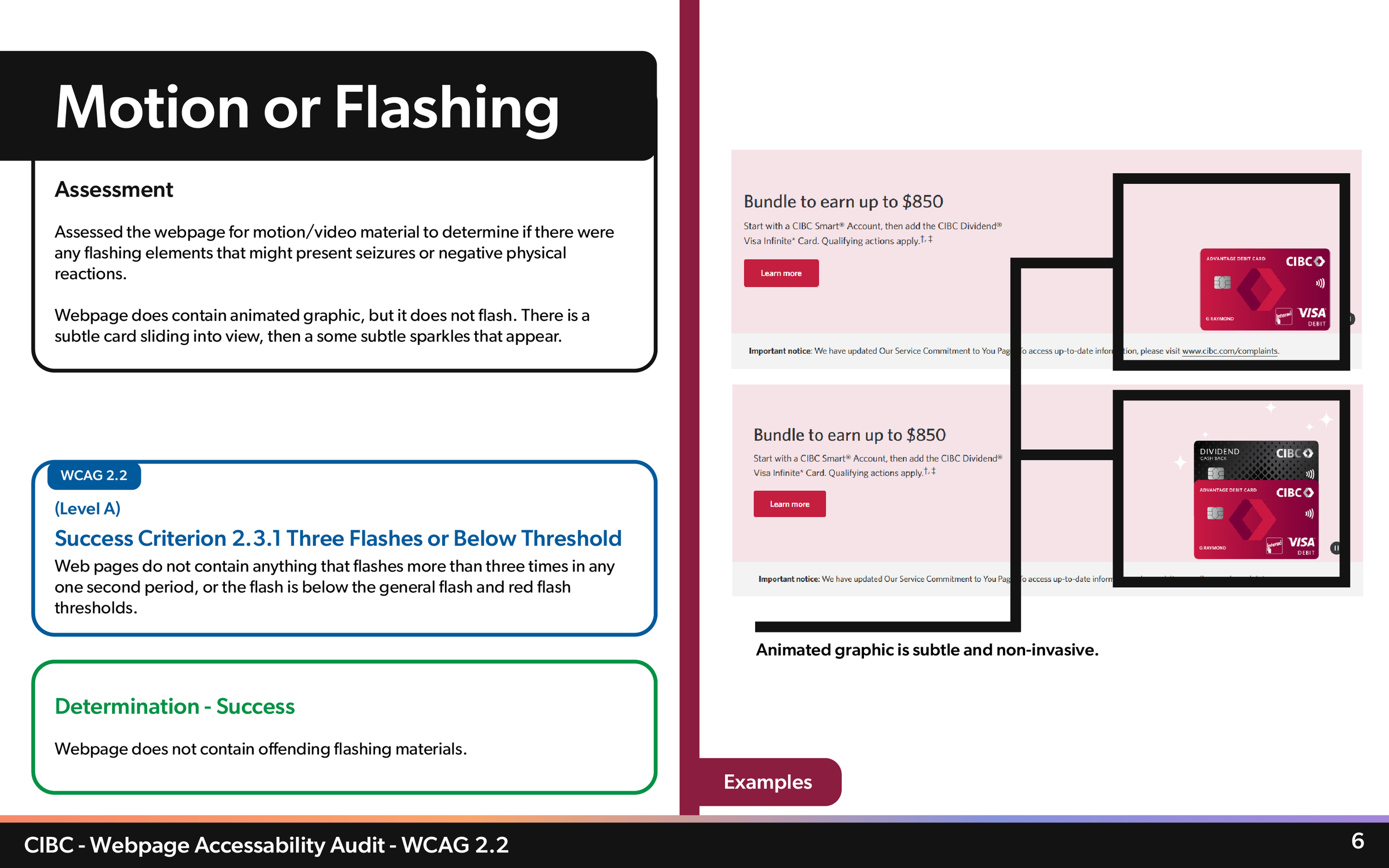 Page from a webpage accessibility audit discussing motion or flashing elements, including assessment criteria, success criteria, and examples, with illustrations of credit and debit cards.