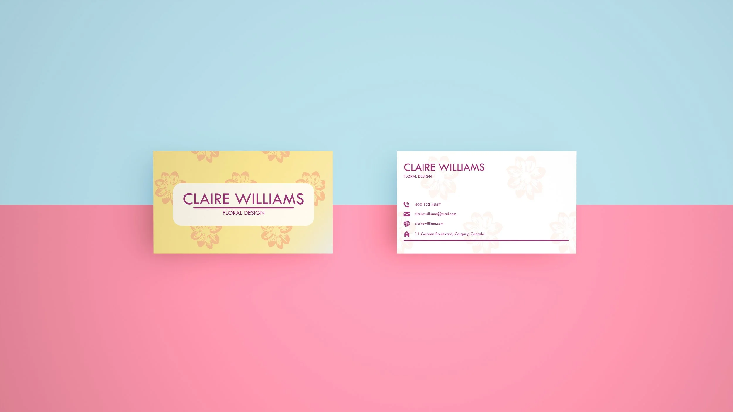 Business cards for Claire Williams with floral designs, one yellow with pink flowers and the other white with pink flowers, on a pink and blue background.