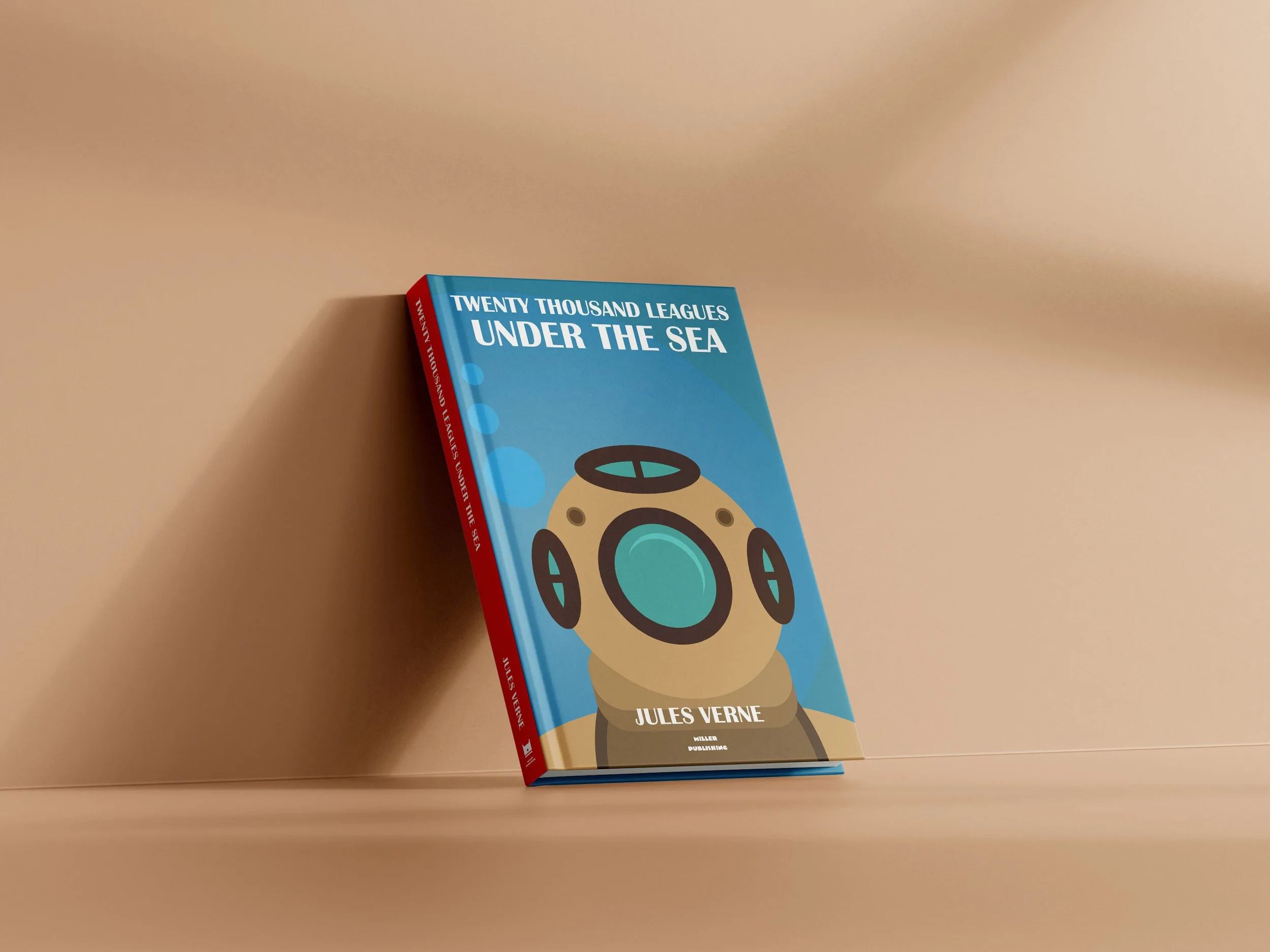 A book titled 'Twenty Thousand Leagues Under the Sea' by Jules Verne resting on a light brown surface.