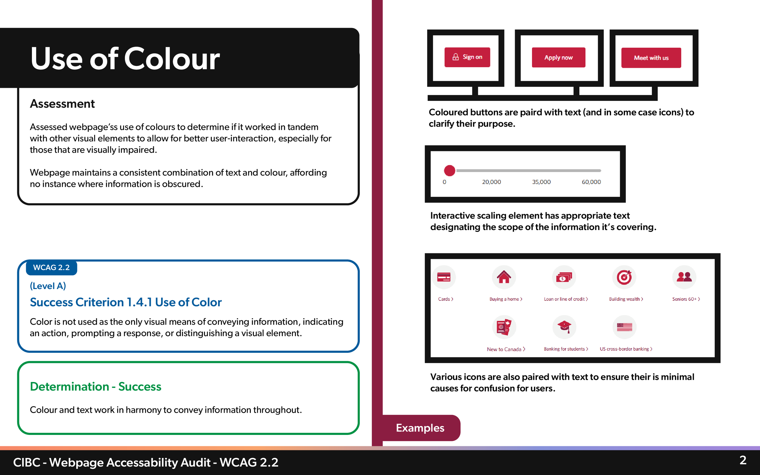 Page from a webpage discussing the use of color in design with sections titled 'Assessment,' 'Success Criterion 1.4.1 Use of Color,' and 'Determination - Success.' It features icons and buttons labeled 'Sign on,' 'Apply now,' and 'Meet with us' along