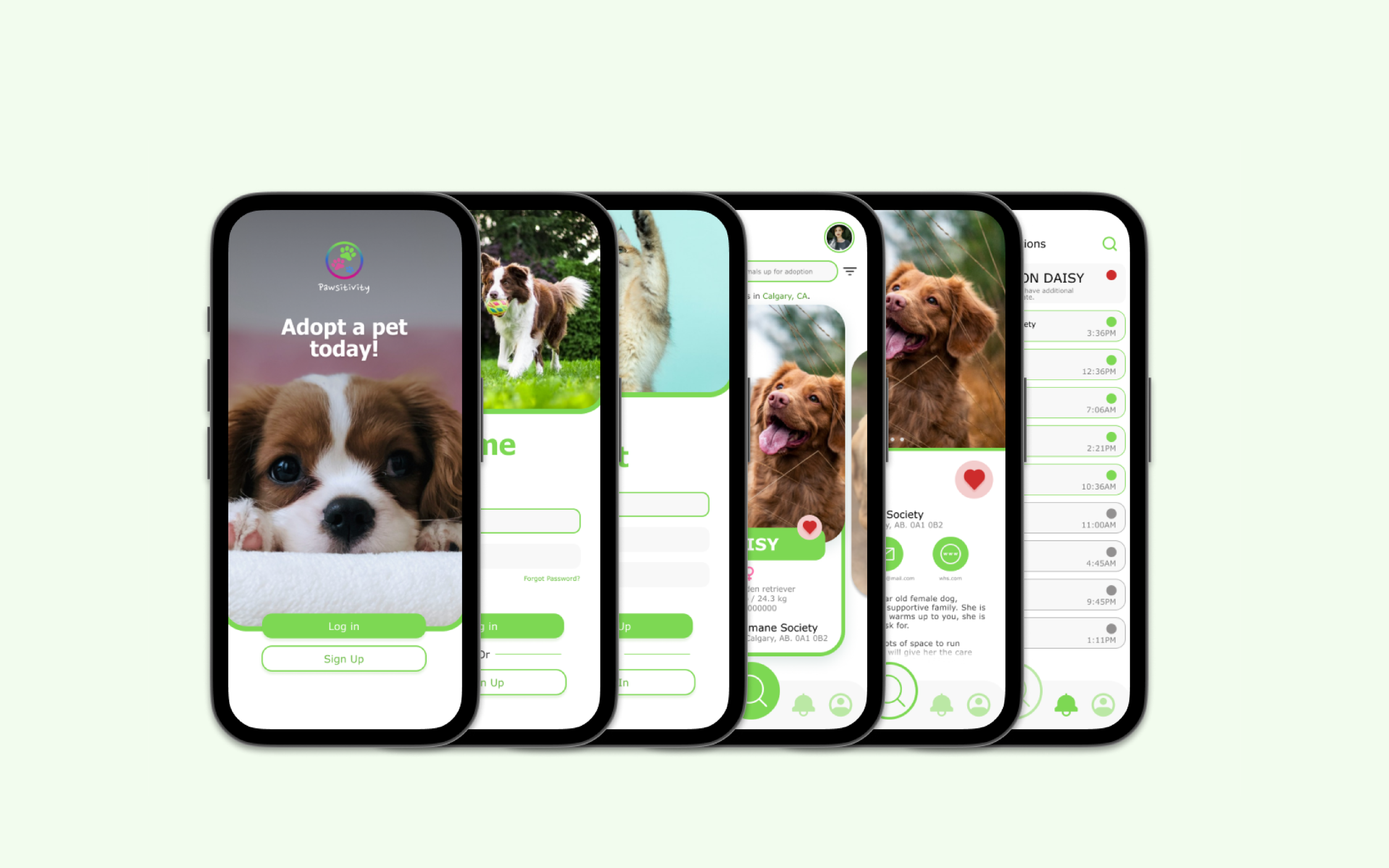 A row of six smartphone screens displaying a pet adoption app with images of dogs and cats, app icons, and registration or login options.
