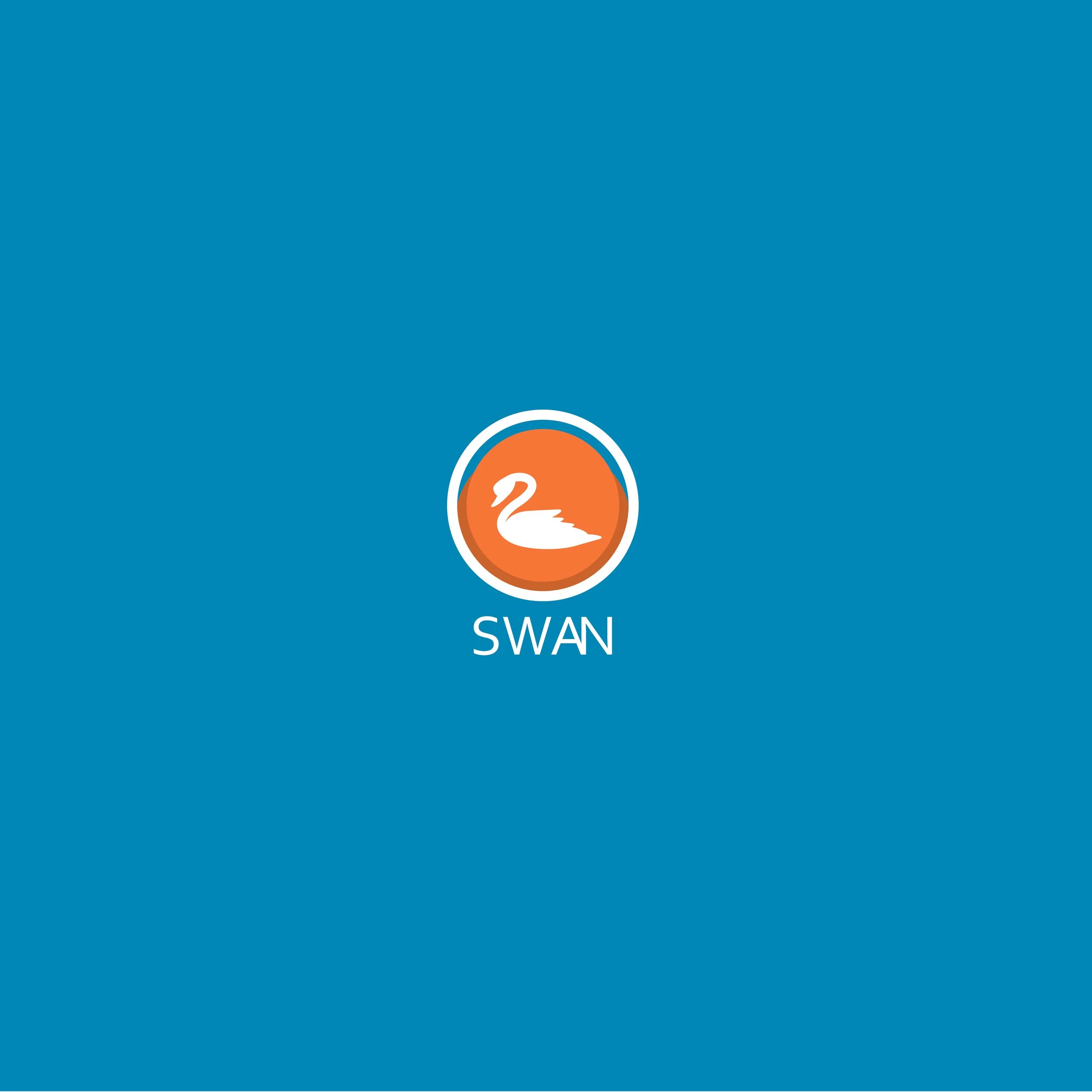 Blue background with a white circle at the bottom containing an orange swan logo and the word 'SWAN' written below in white.