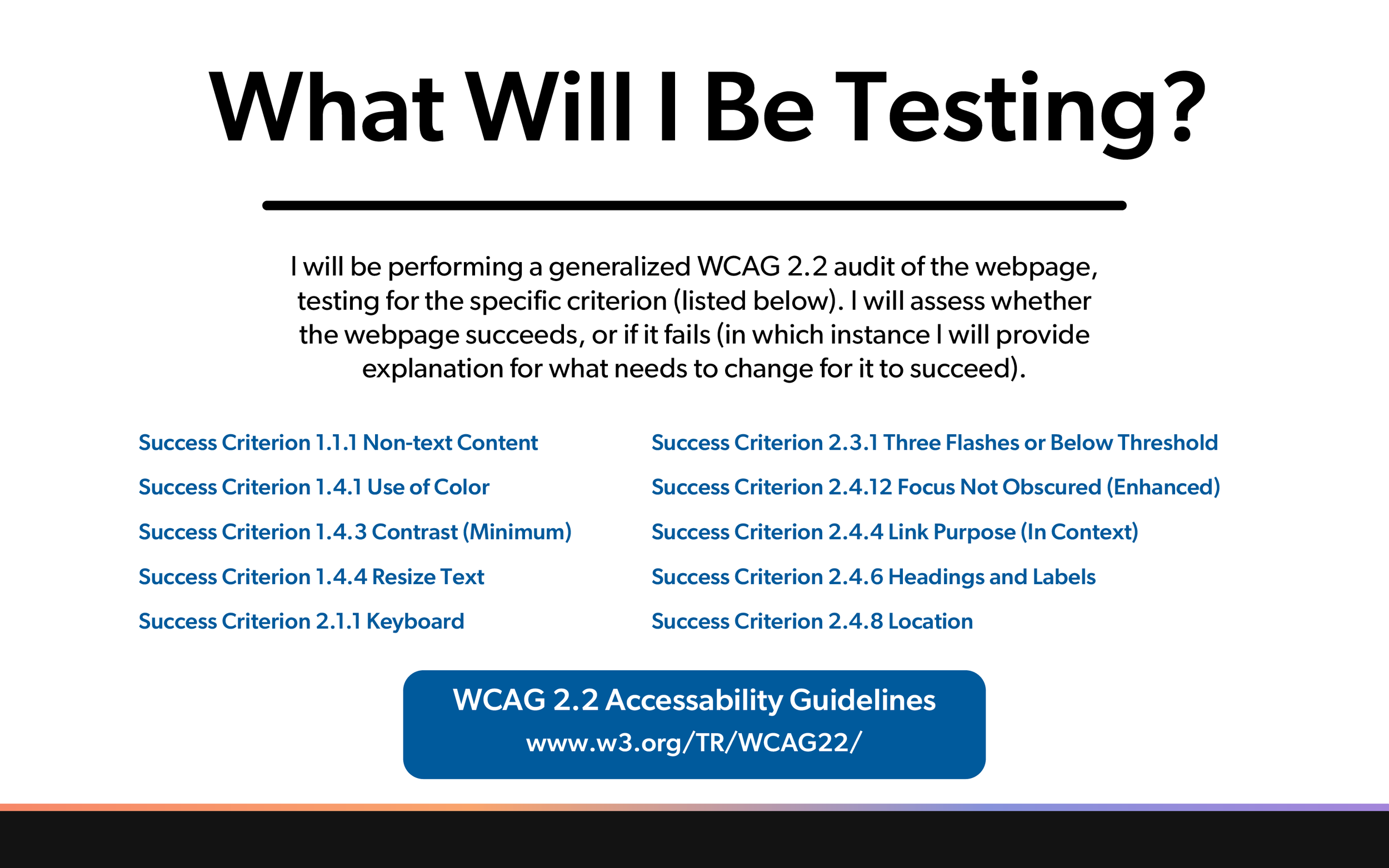 A webpage titled "What Will I Be Testing?" with a description of general testing criteria, including various success criteria like color use, contrast, and accessibility guidelines, ending with a link to WCAG 2.2 Accessibility Guidelines.