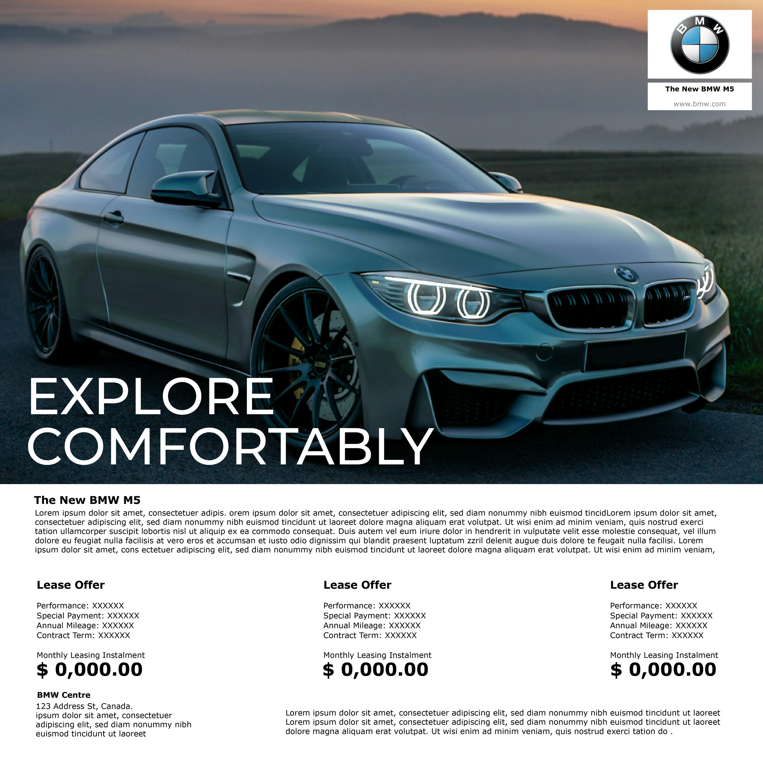 A silver BMW M5 car parked on a rural road during sunset, with a BMW advertisement overlay including logo, tagline ‘Explore Comfortably,’ and leasing information.