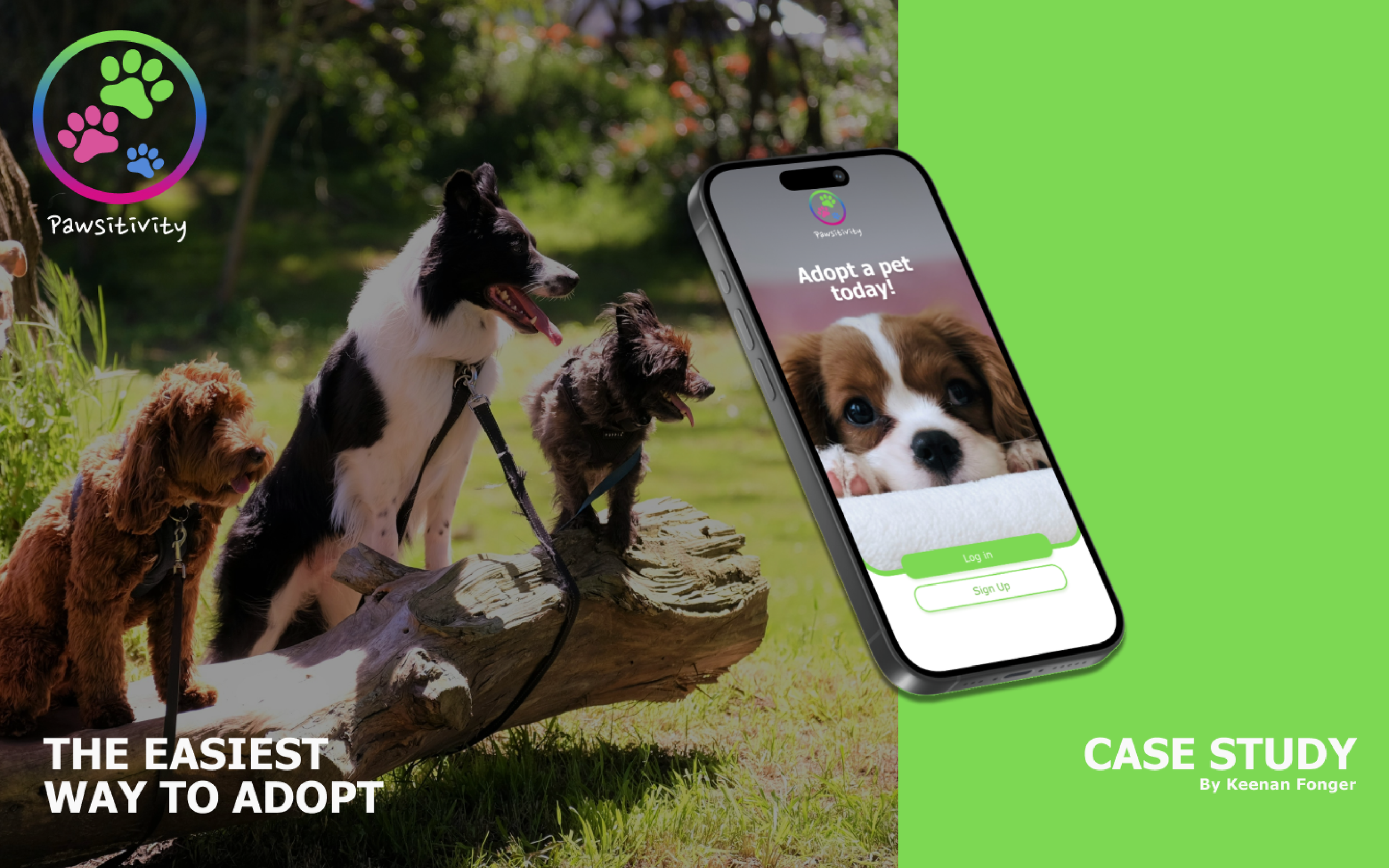 Dogs sitting outdoors on a log, with a smartphone displaying a pet adoption app. The app features a cute puppy and the text 'Adopt a pet today!'