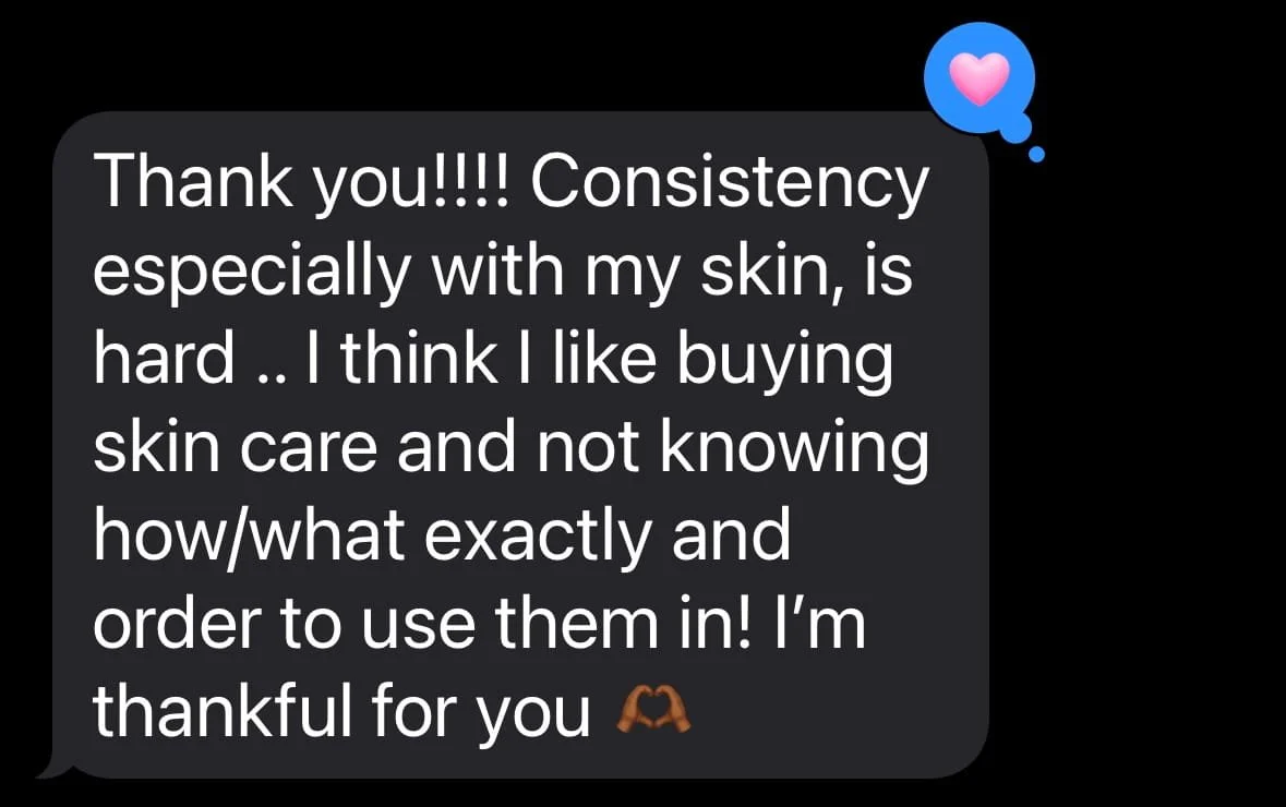 Screenshot of a text message expressing gratitude for skin care products and mentioning difficulty in understanding how to use them.