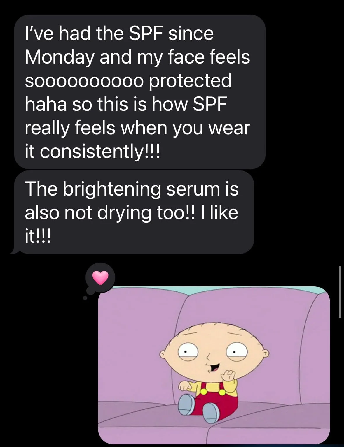 Screenshot of a text conversation discussing skincare products, with a cartoon image of Stewie Griffin from Family Guy sitting on a purple couch with a pink heart thought bubble above his head.