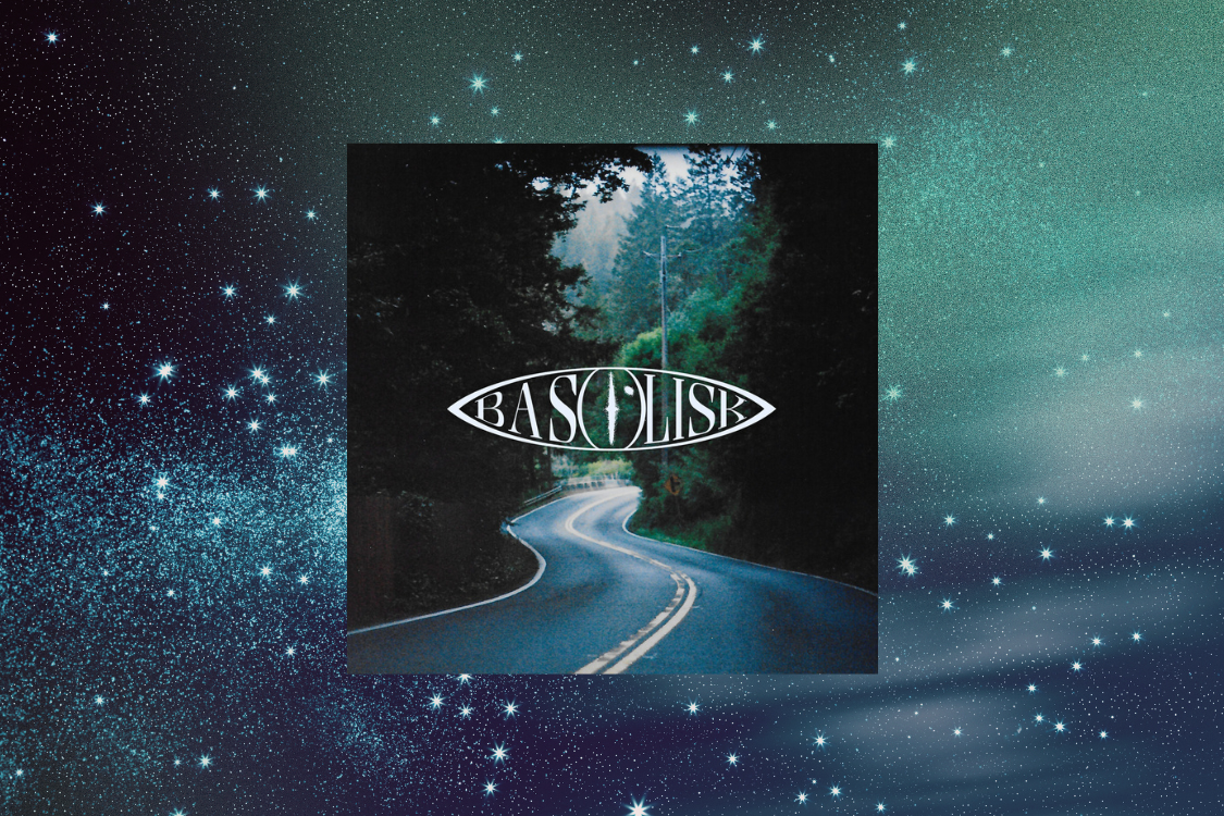 The album cover for "Calistoga" by Basilisk against a grainy retro space background