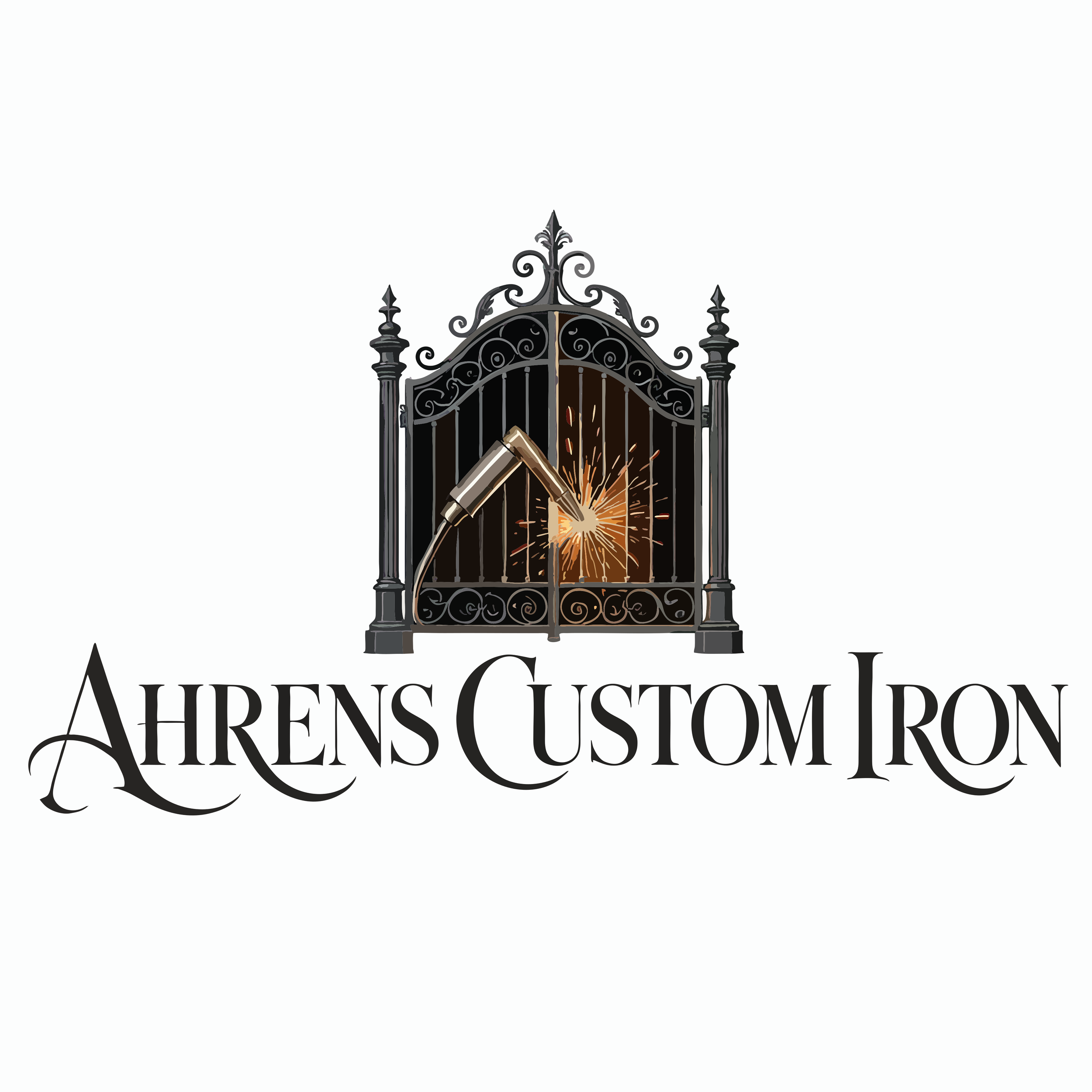 Logo featuring a black wrought iron gate with intricate scrollwork.