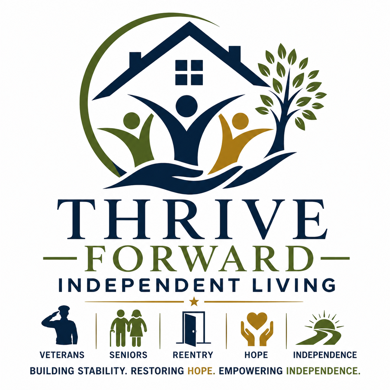 Logo for Thrive Forward Independent Living featuring a house above three human figures, a tree, and icons representing veterans, seniors, reentry, hope, and independence with accompanying text.